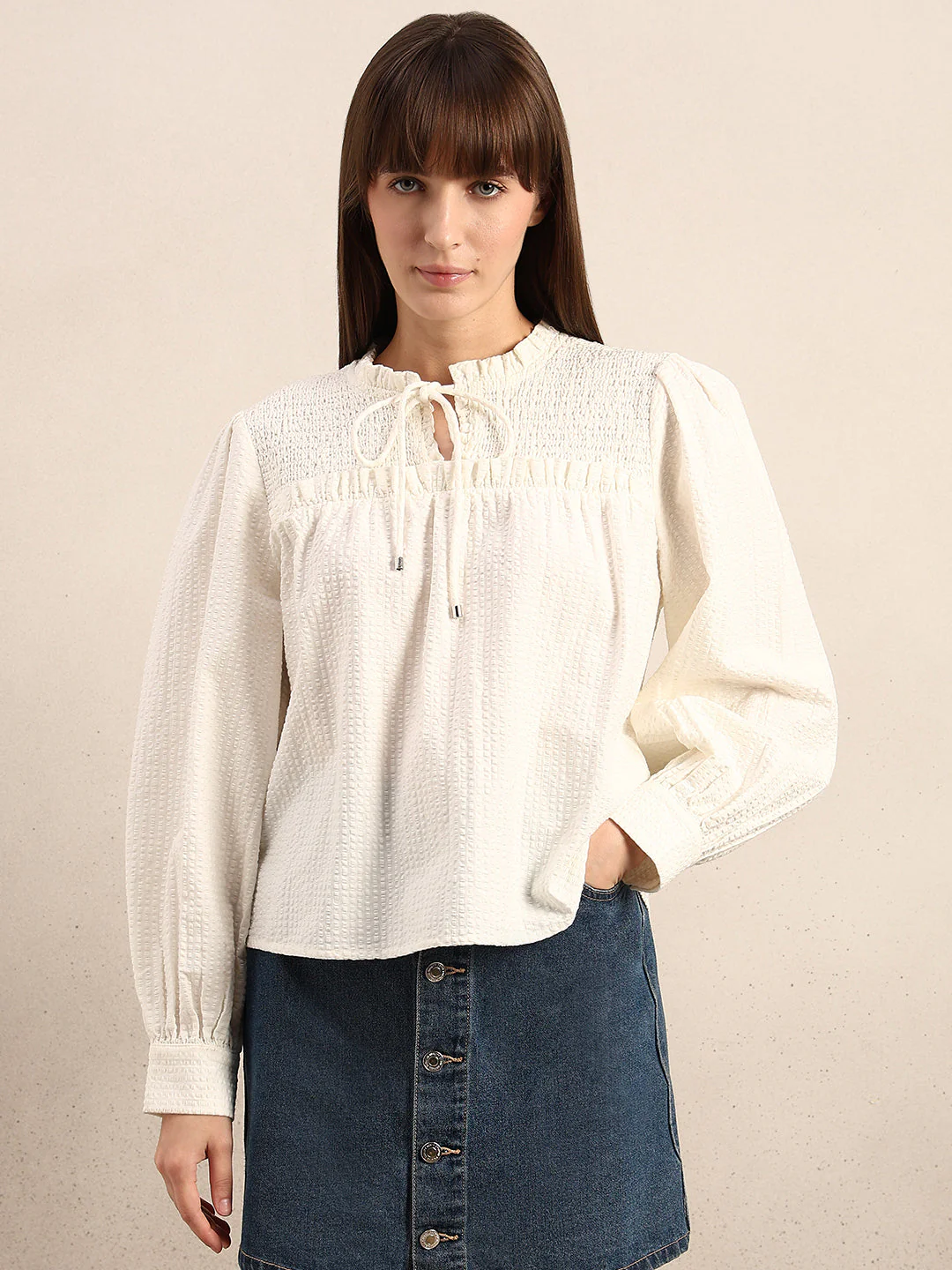 Smocked Long Sleeves Cotton Top - Image 2