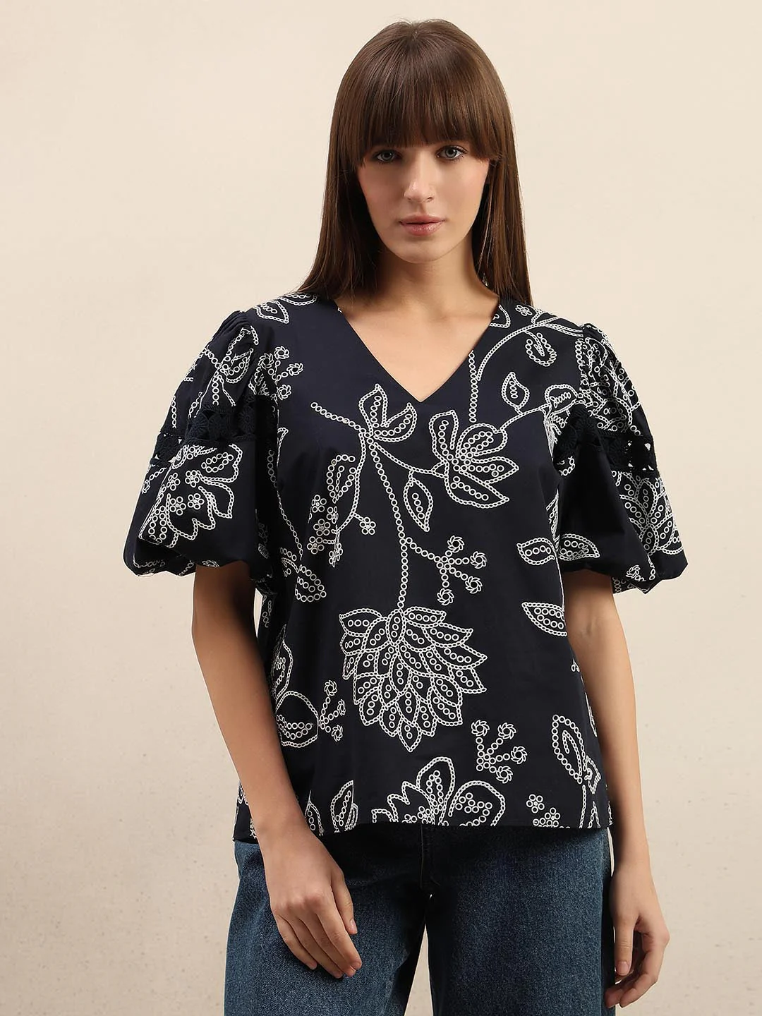 Navy Blue Printed Puff Sleeves Top - Image 2