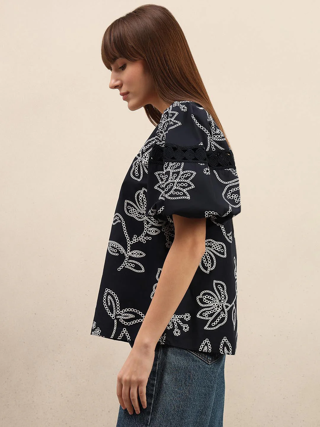 Navy Blue Printed Puff Sleeves Top - Image 3