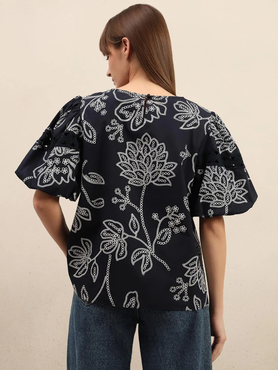 Navy Blue Printed Puff Sleeves Top - Image 4