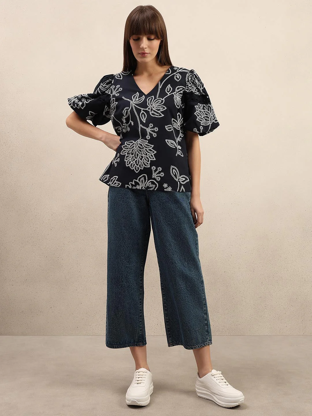 Navy Blue Printed Puff Sleeves Top - Image 5