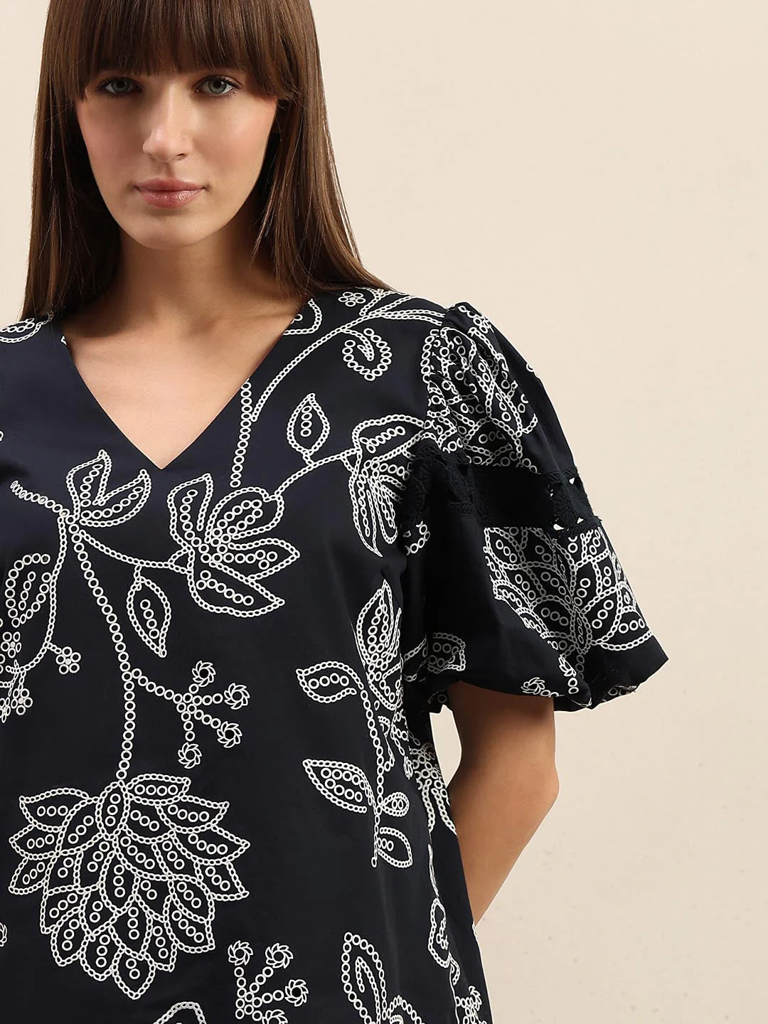 Navy Blue Printed Puff Sleeves Top - Image 6
