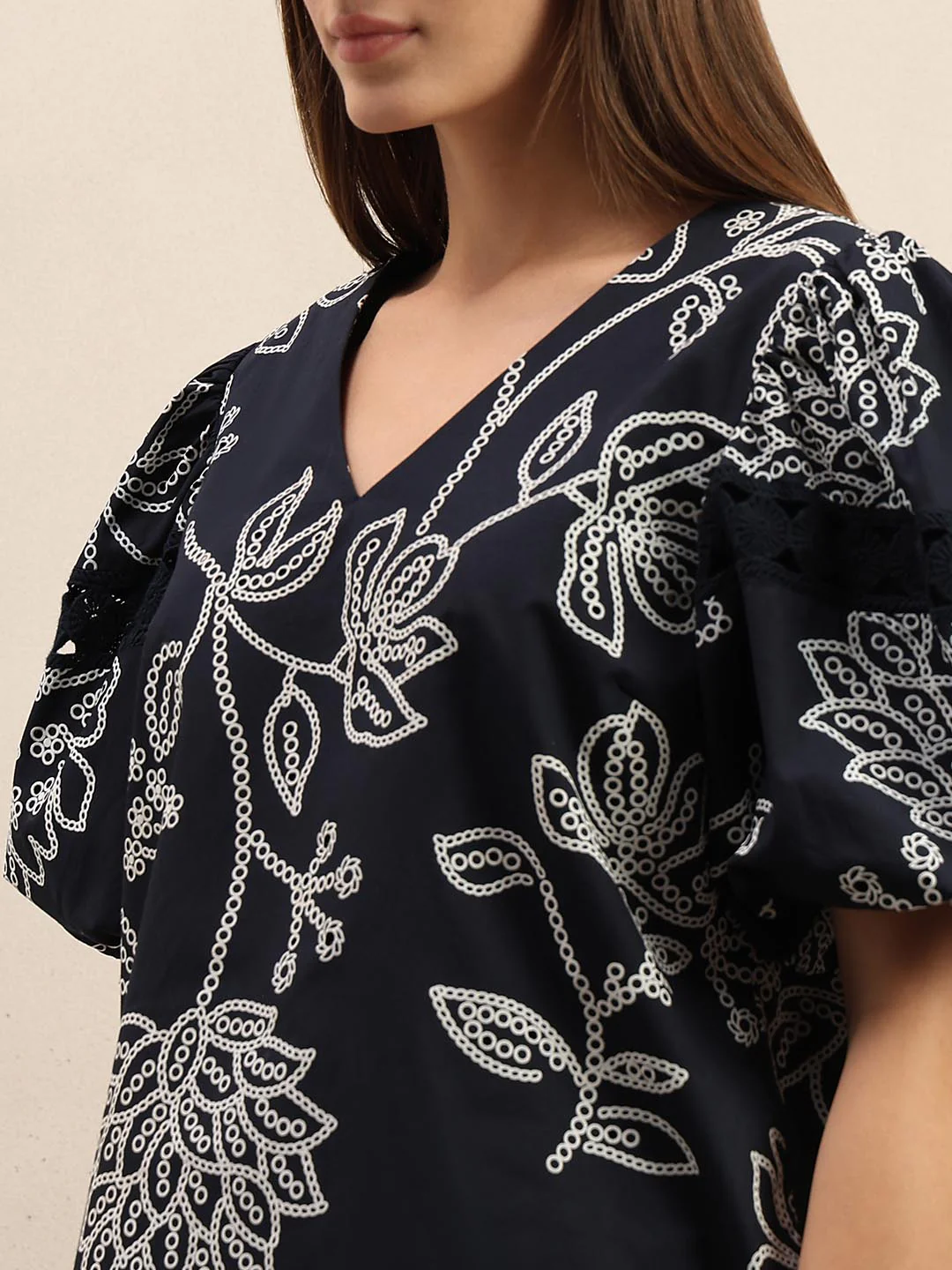 Navy Blue Printed Puff Sleeves Top - Image 8