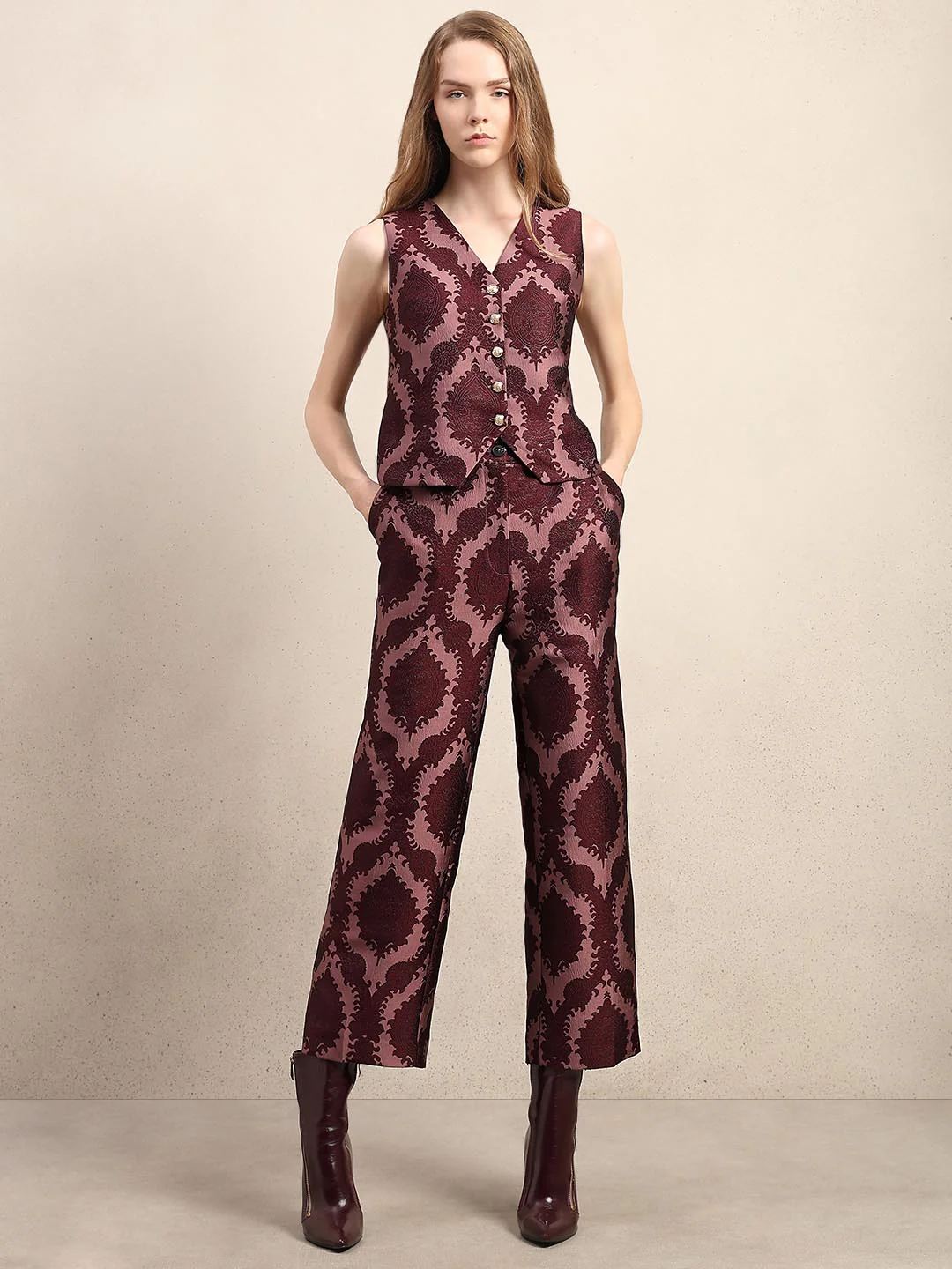 Red Printed Straight Fit Pants - Image 5