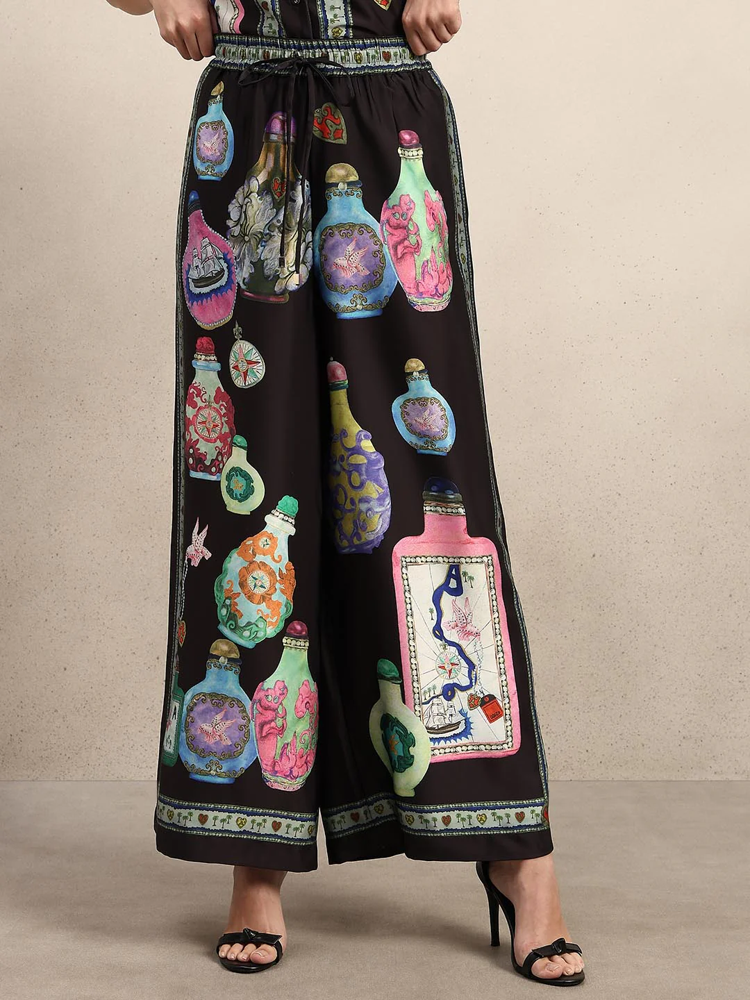 Black Printed Wide Leg Pants - Image 2