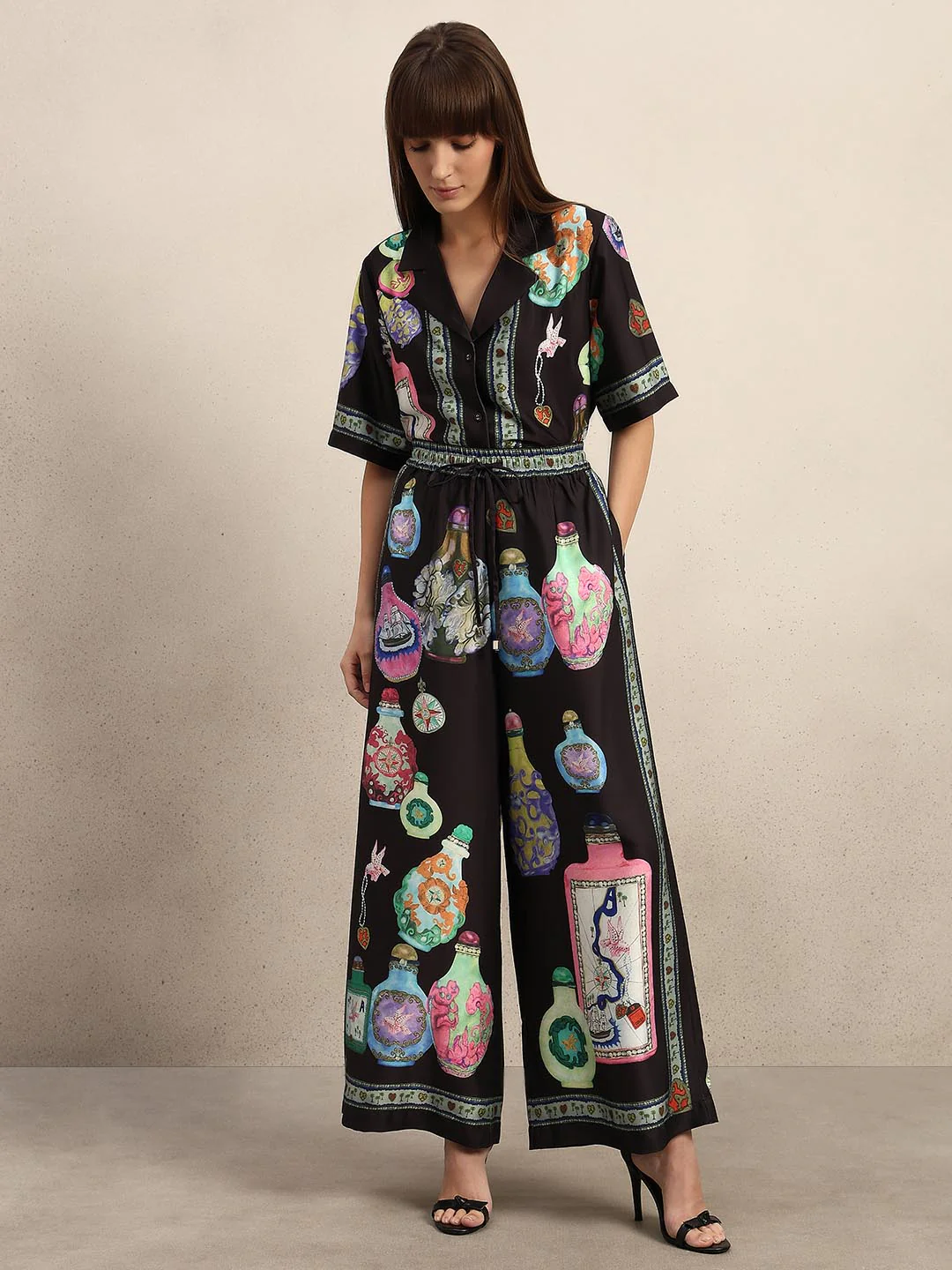 Black Printed Wide Leg Pants - Image 5