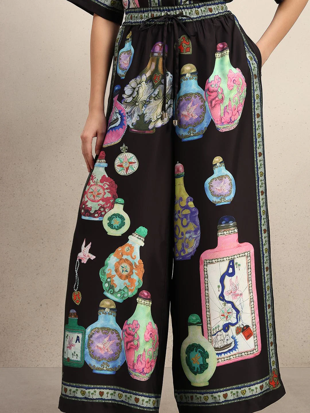 Black Printed Wide Leg Pants - Image 6