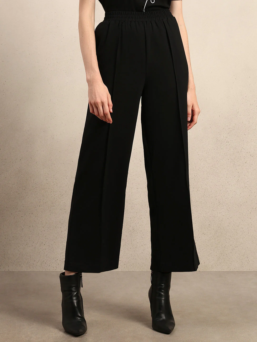 Wide Leg Elastic Waist Pants - Black - Image 2
