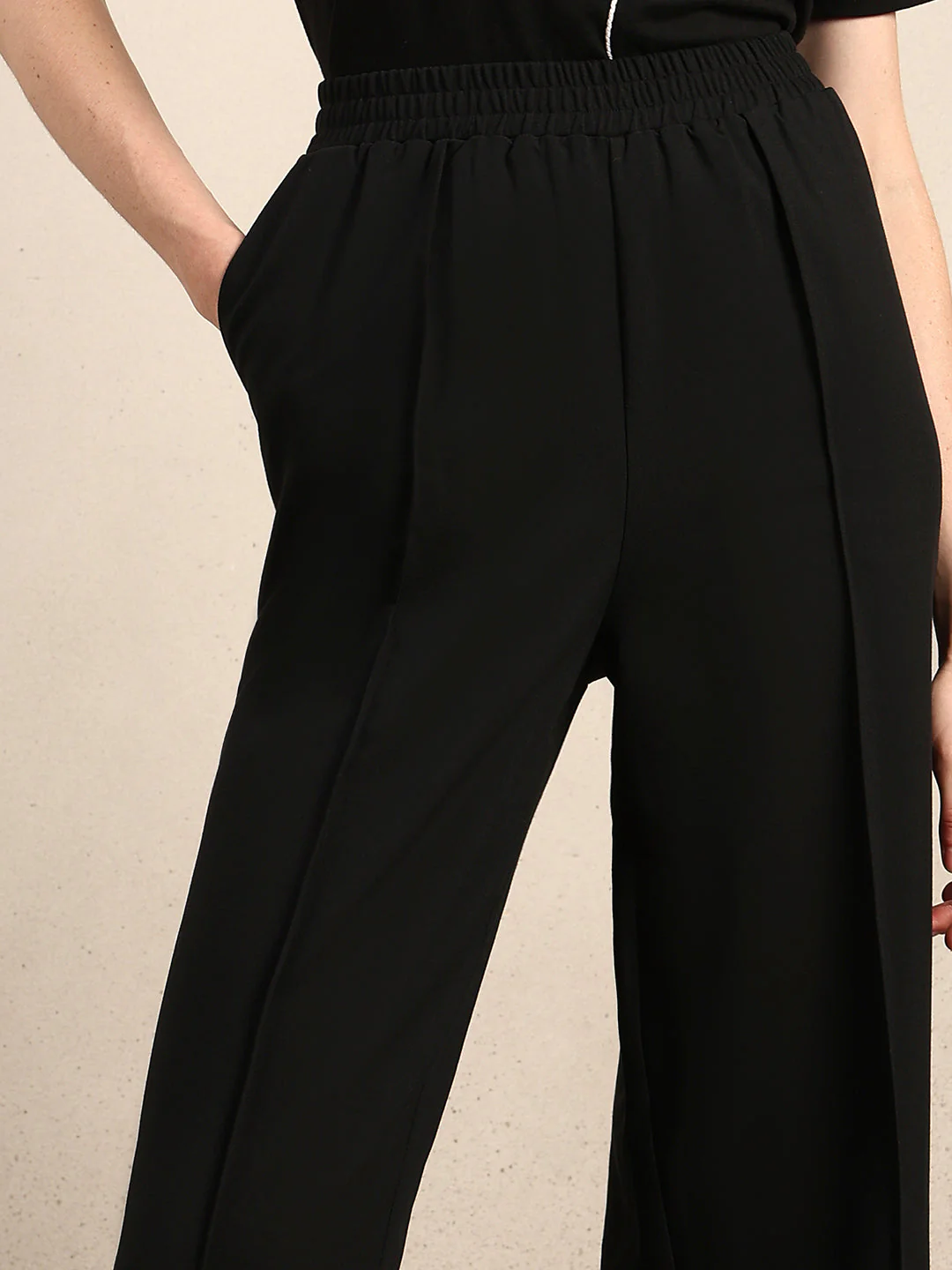 Wide Leg Elastic Waist Pants - Black - Image 6