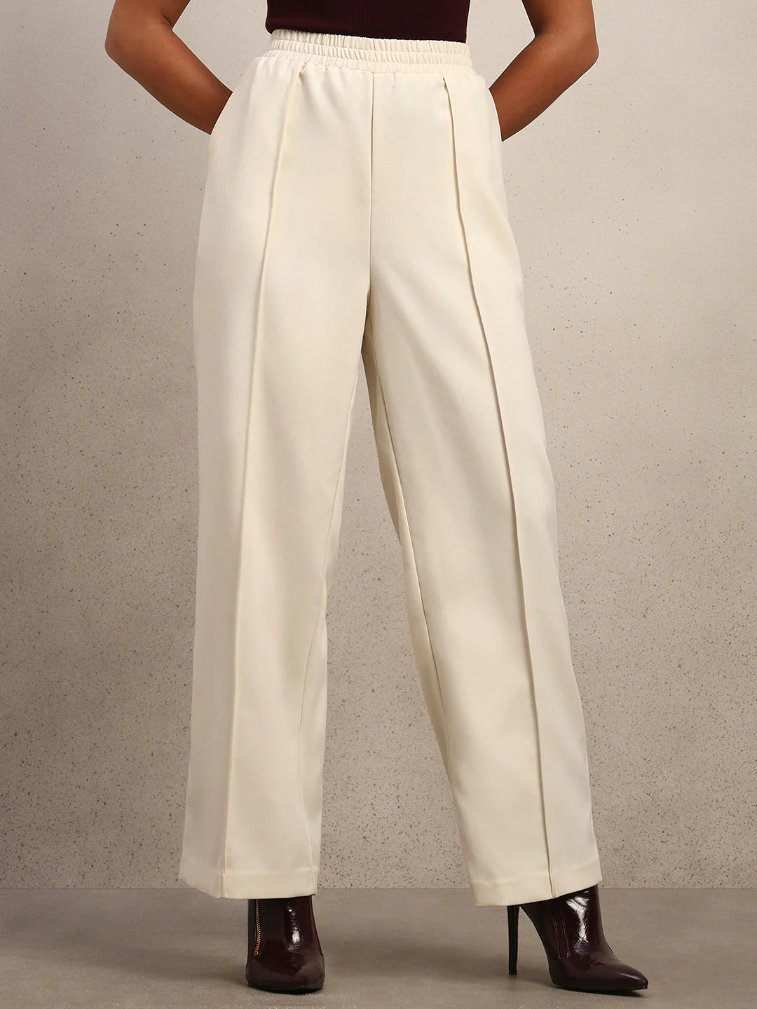 Wide Leg Elastic Waist Pants - Off-White - Image 2