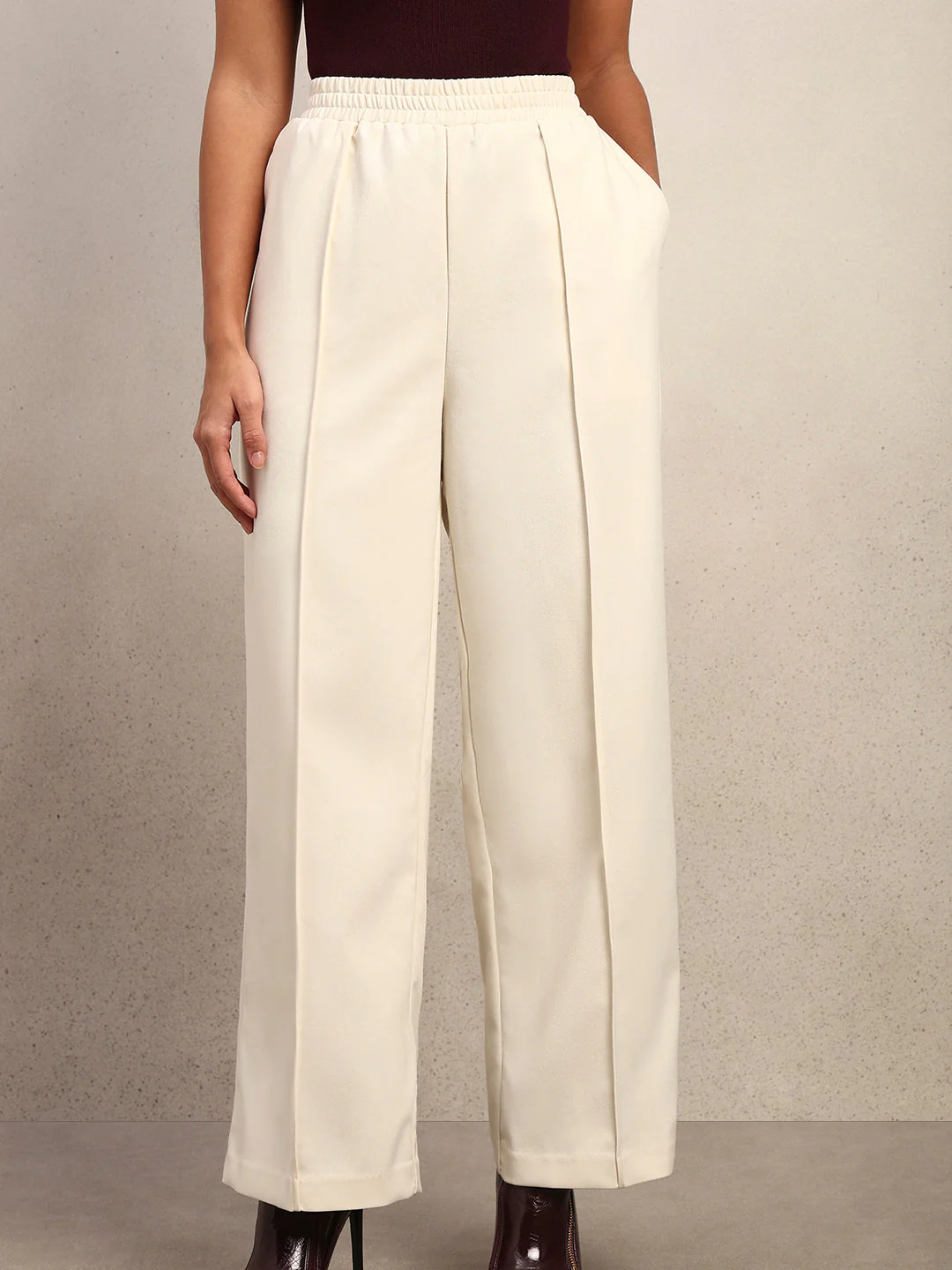 Wide Leg Elastic Waist Pants - Off-White - Image 6