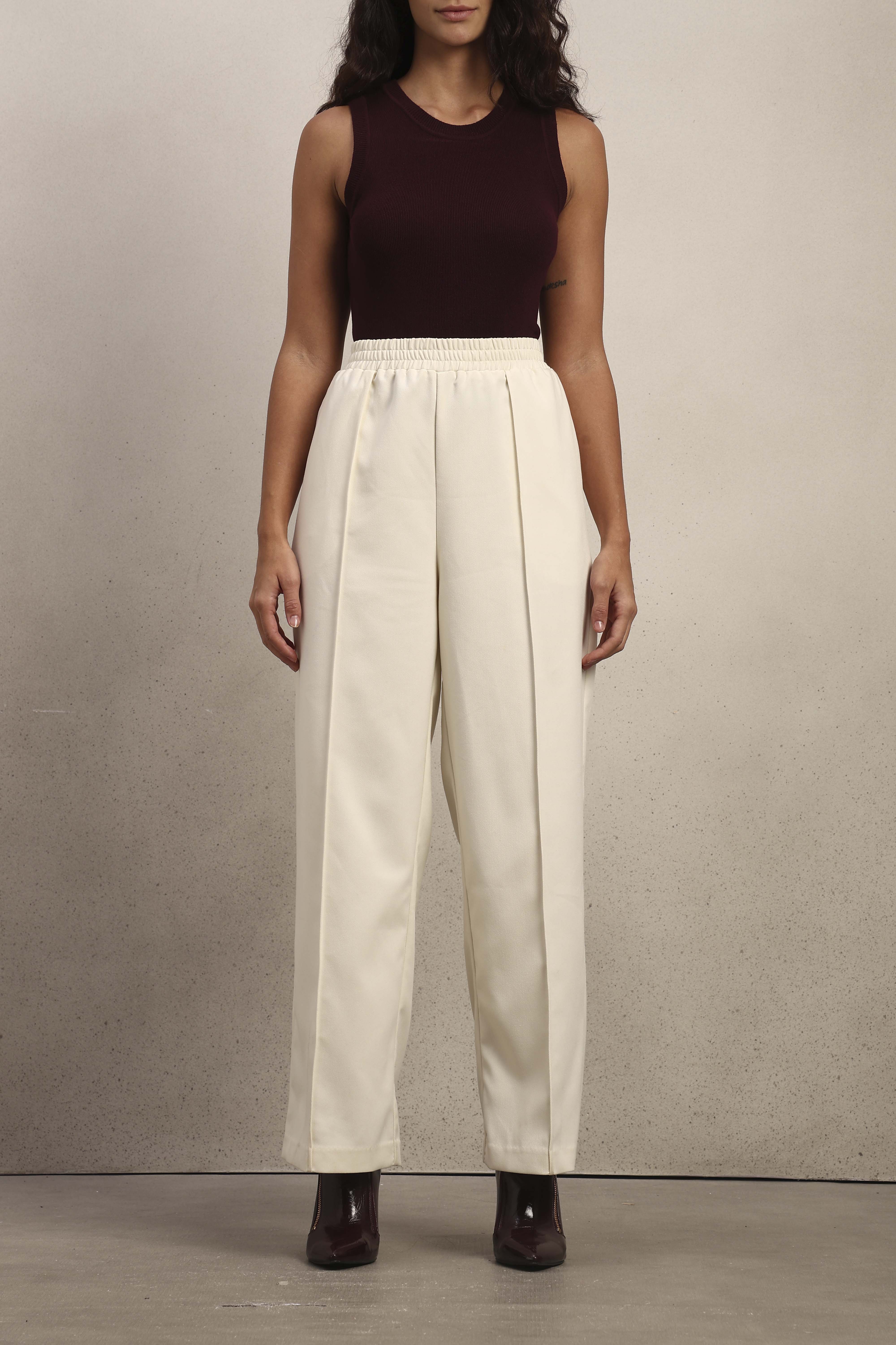 Wide Leg Elastic Waist Pants - Off-White - Image 9