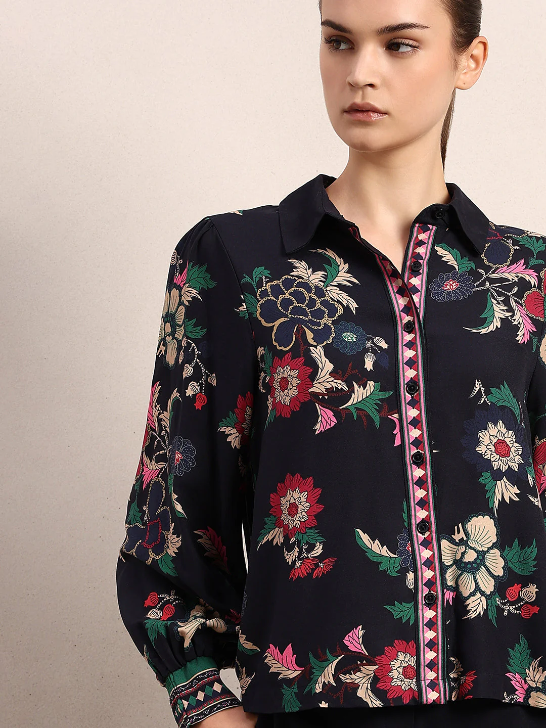 Printed Cuff Sleeves Viscose Shirt - Image 6