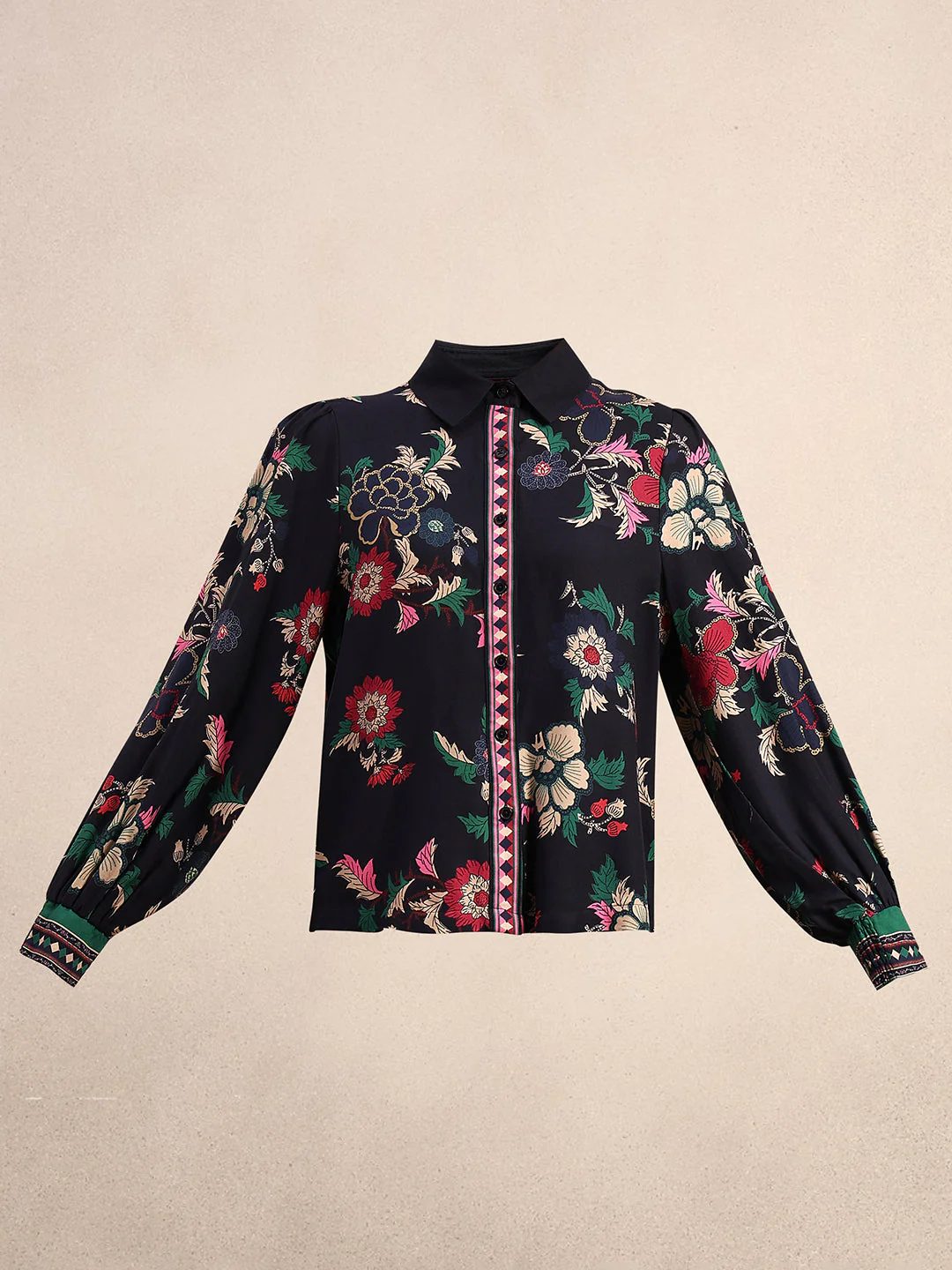 Printed Cuff Sleeves Viscose Shirt - Image 7