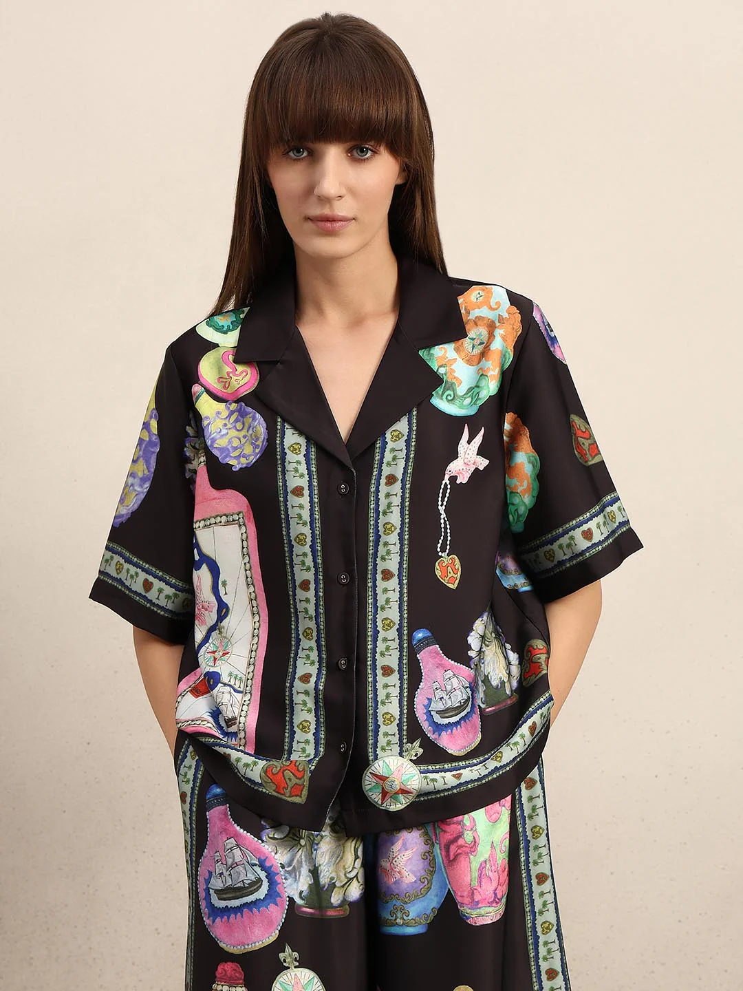 Black Printed V-Neck Shirt - Image 2