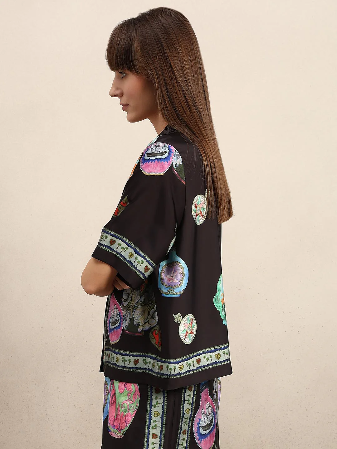 Black Printed V-Neck Shirt - Image 3