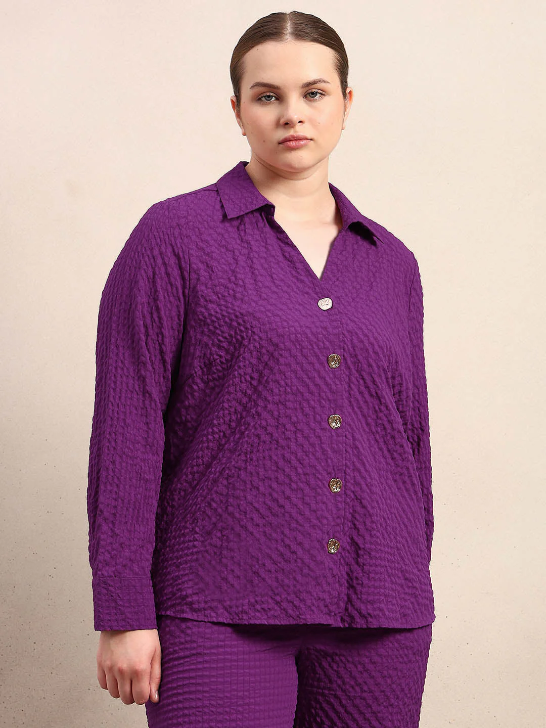 Curve Purple Textured Shirt - Image 2