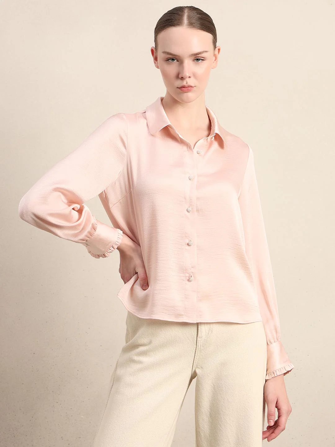 Pink Pearl Button Closure Satin Shirt - Image 2