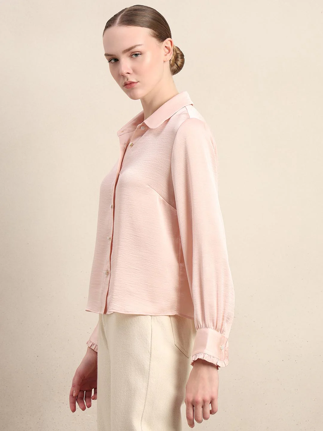 Pink Pearl Button Closure Satin Shirt - Image 3