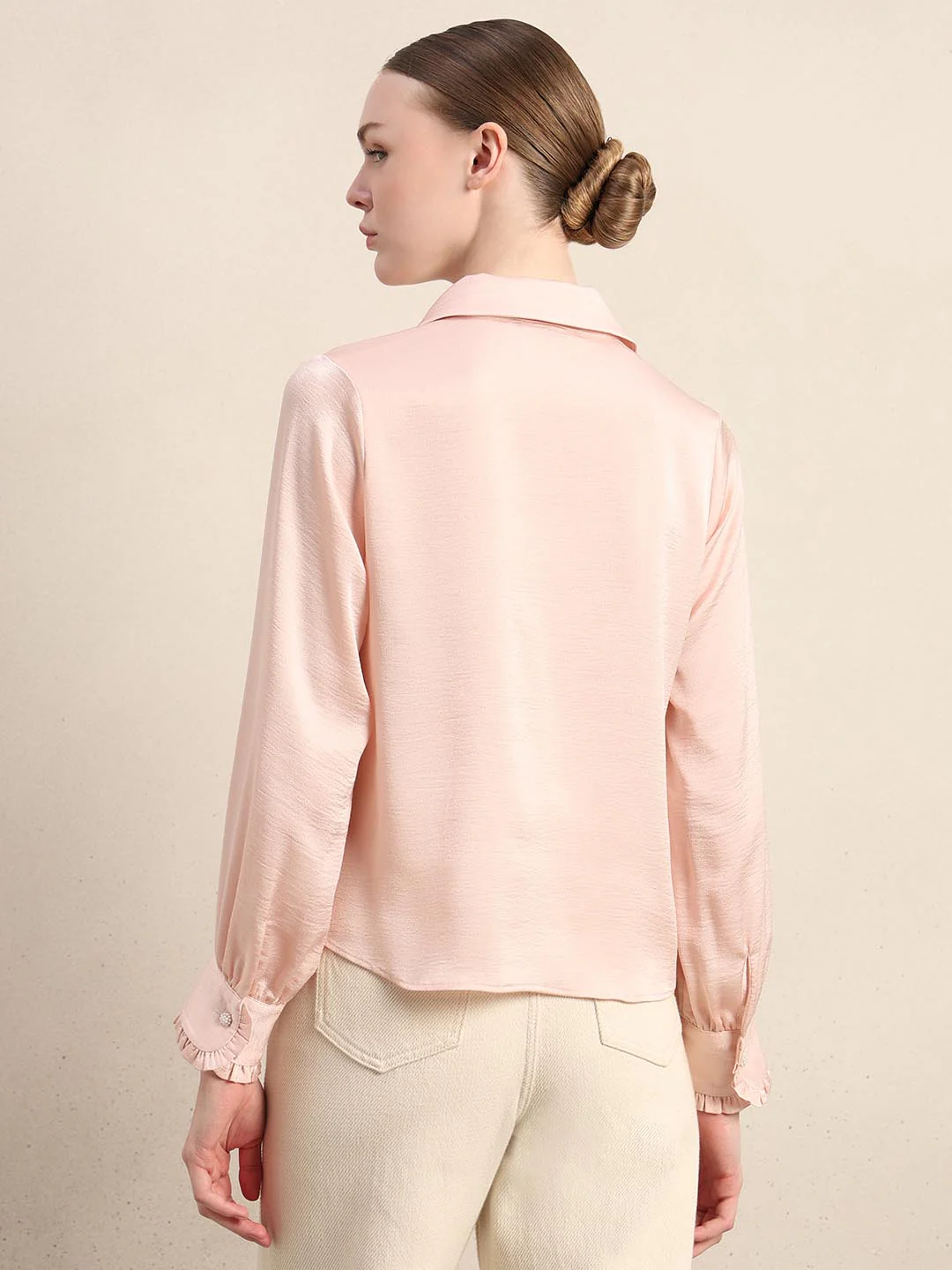 Pink Pearl Button Closure Satin Shirt - Image 4