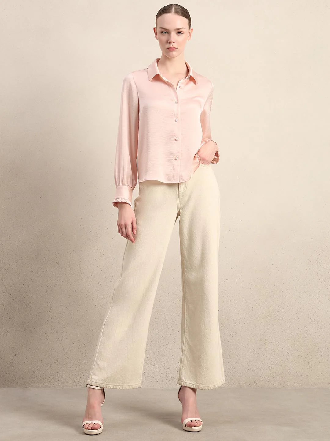 Pink Pearl Button Closure Satin Shirt - Image 5