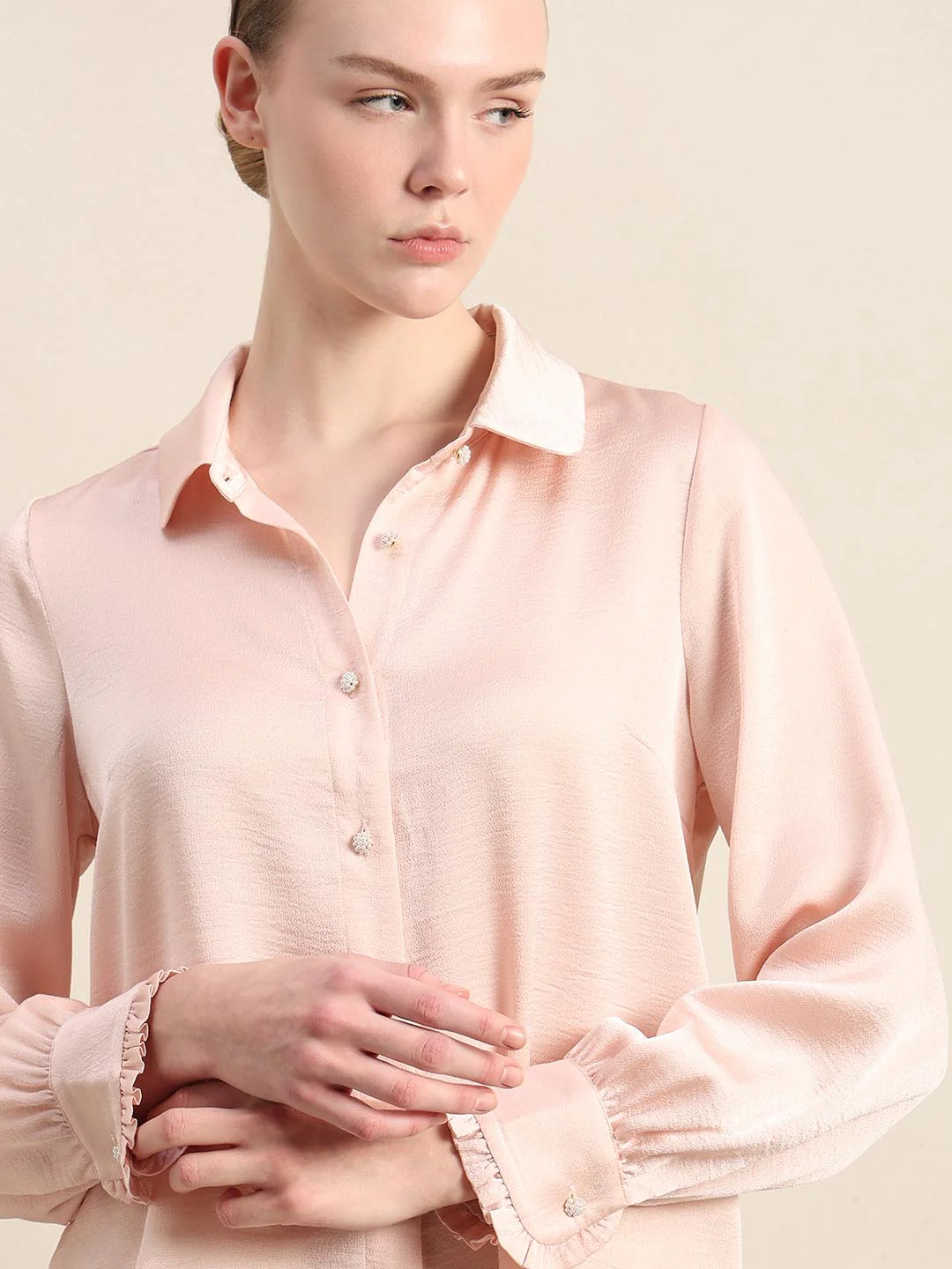 Pink Pearl Button Closure Satin Shirt - Image 6