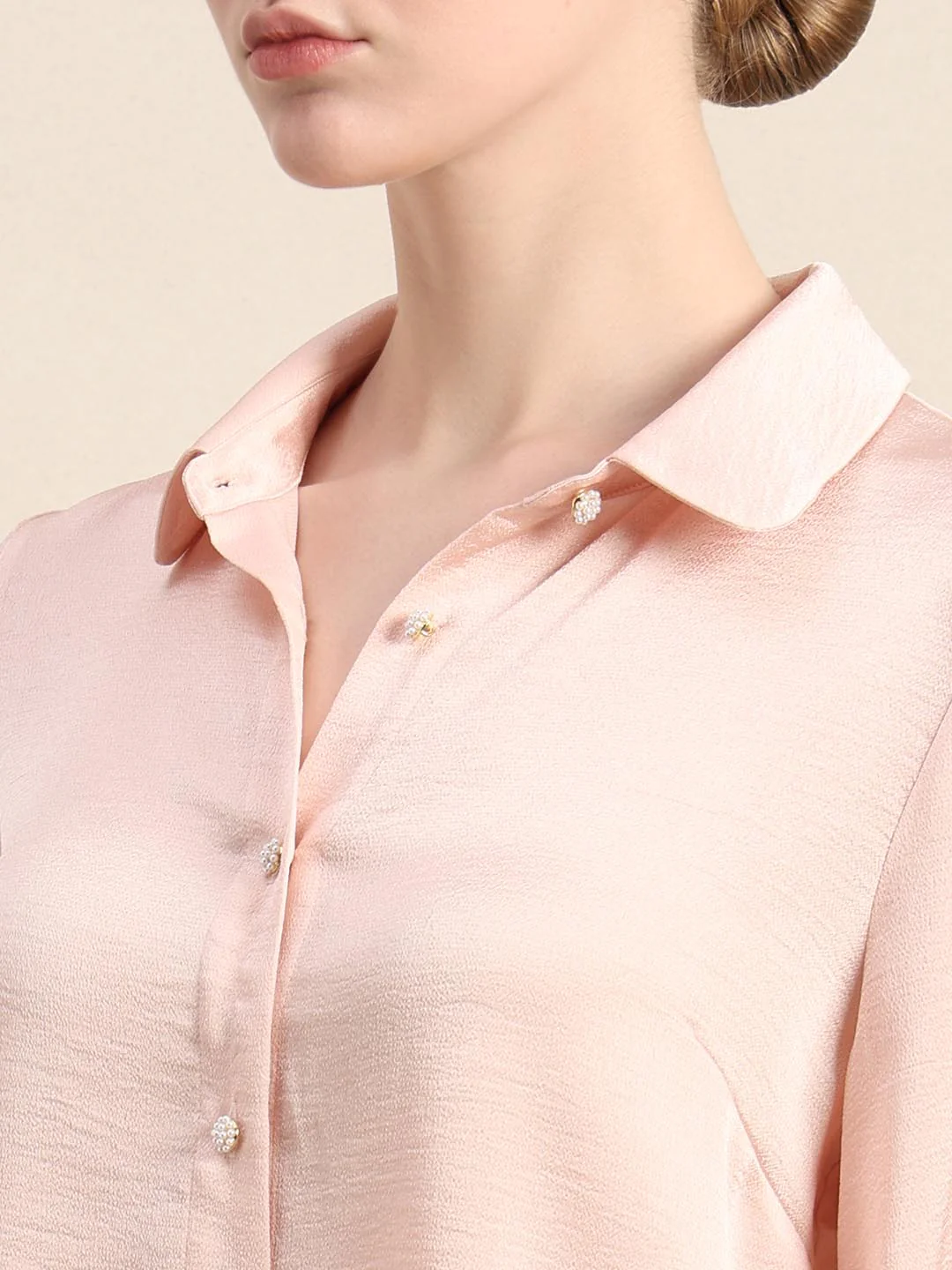 Pink Pearl Button Closure Satin Shirt - Image 8