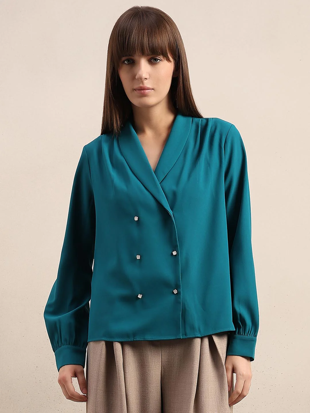 Teal Gathered Sleeves Top - Image 2