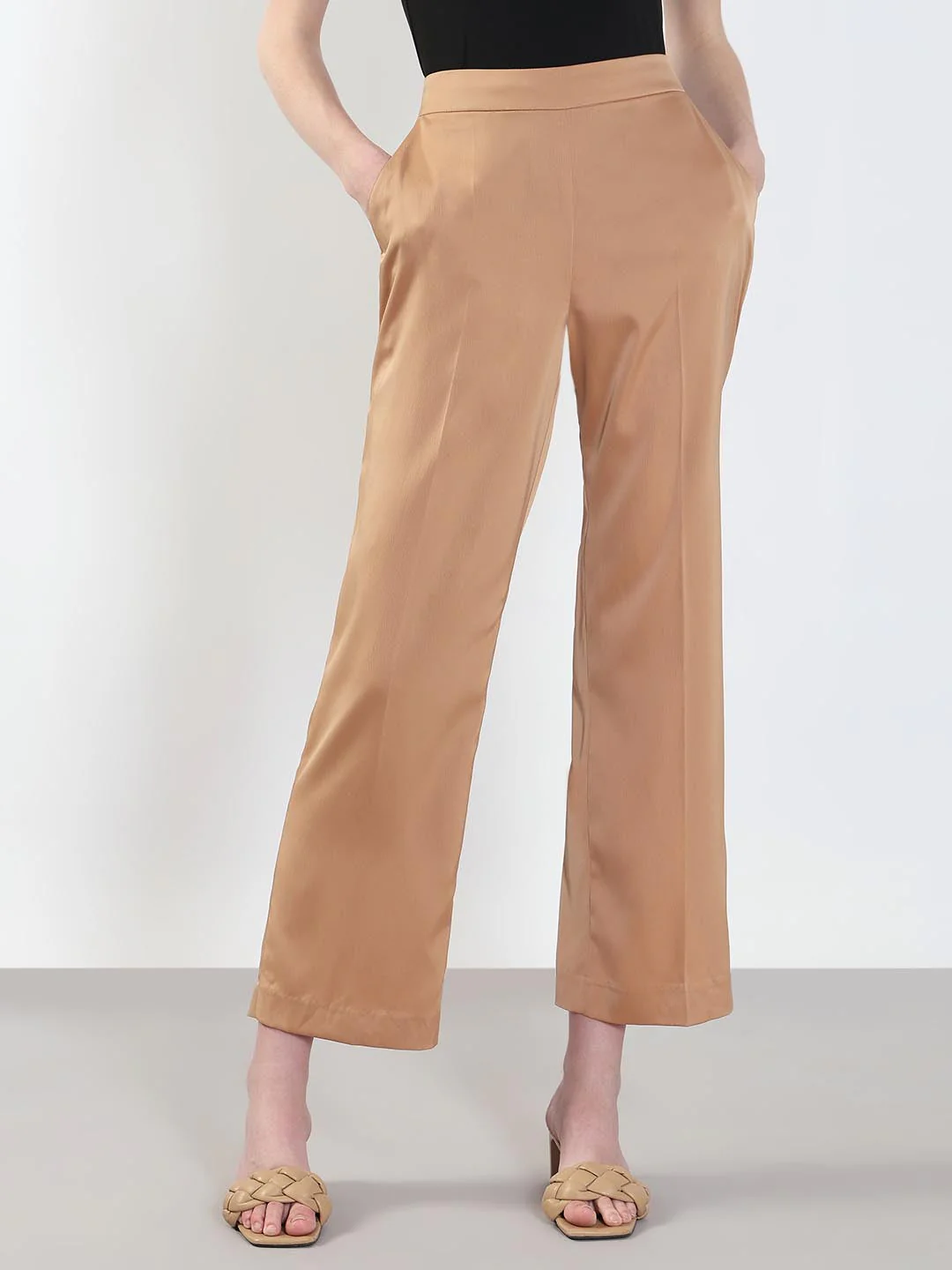 Beige High Rise Straight Fit Pants - Image 2