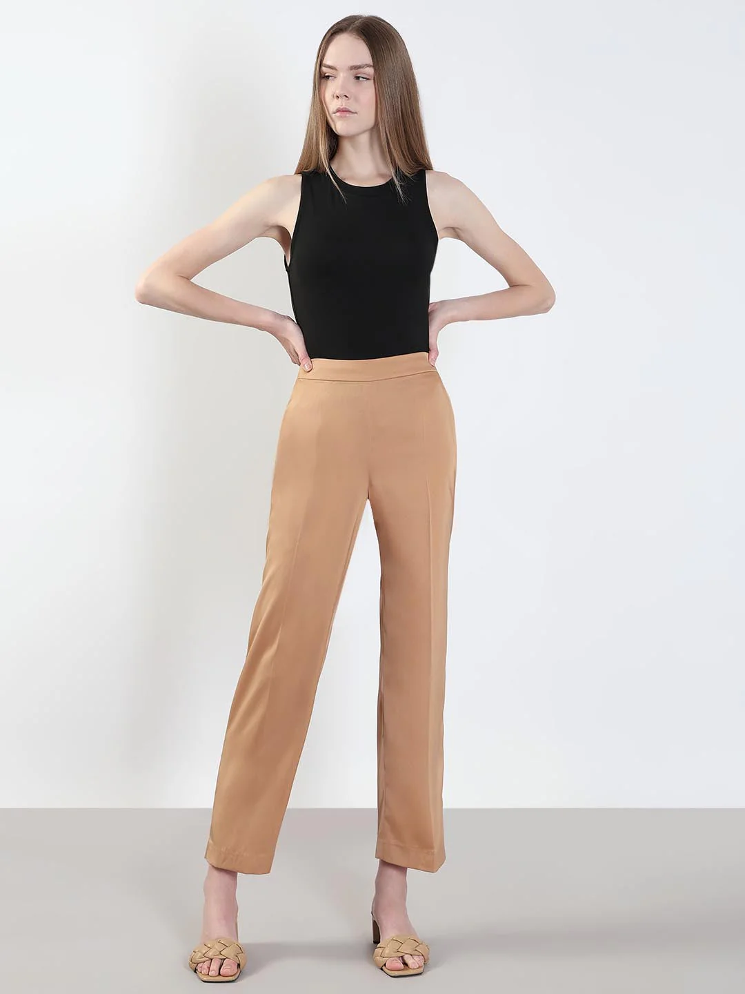 Beige High Rise Straight Fit Pants - Image 5