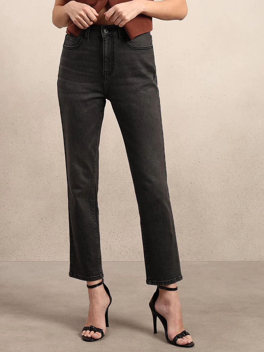Dark Grey Mid Rise Straight Fit Jeans - Image 2