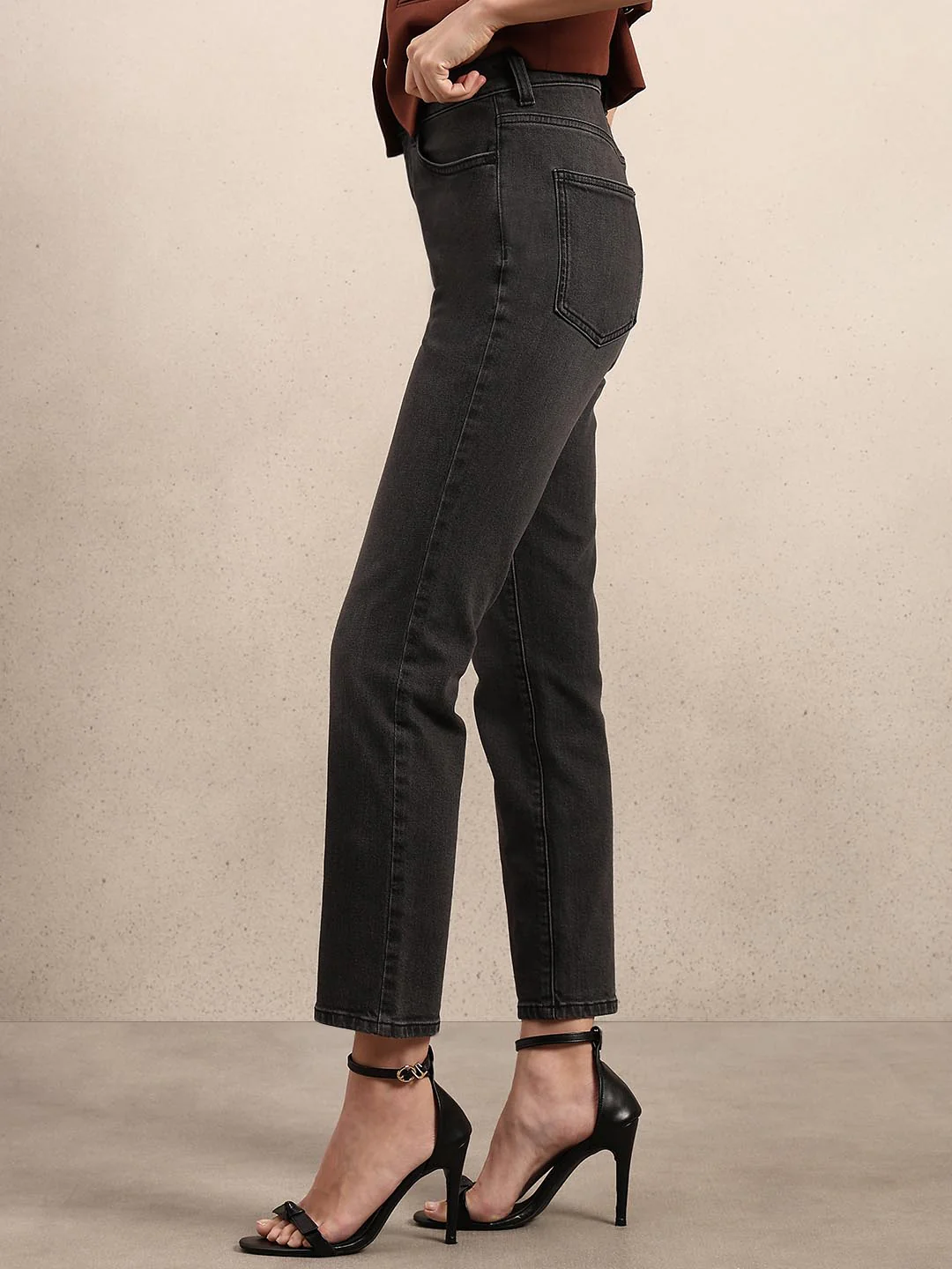 Dark Grey Mid Rise Straight Fit Jeans - Image 3