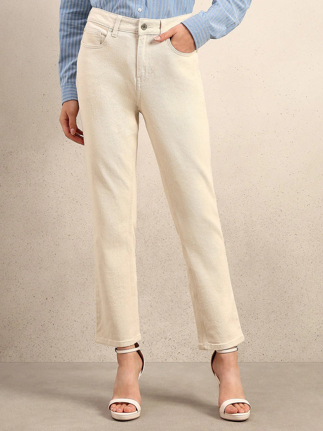 Ecru Ankle Length Straight Fit Jeans - Image 2