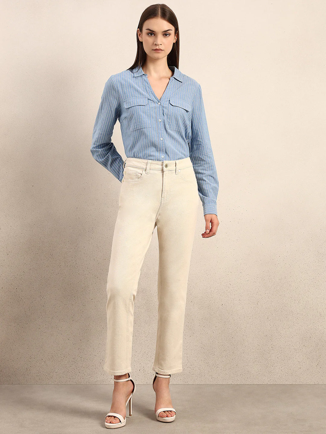Ecru Ankle Length Straight Fit Jeans - Image 5