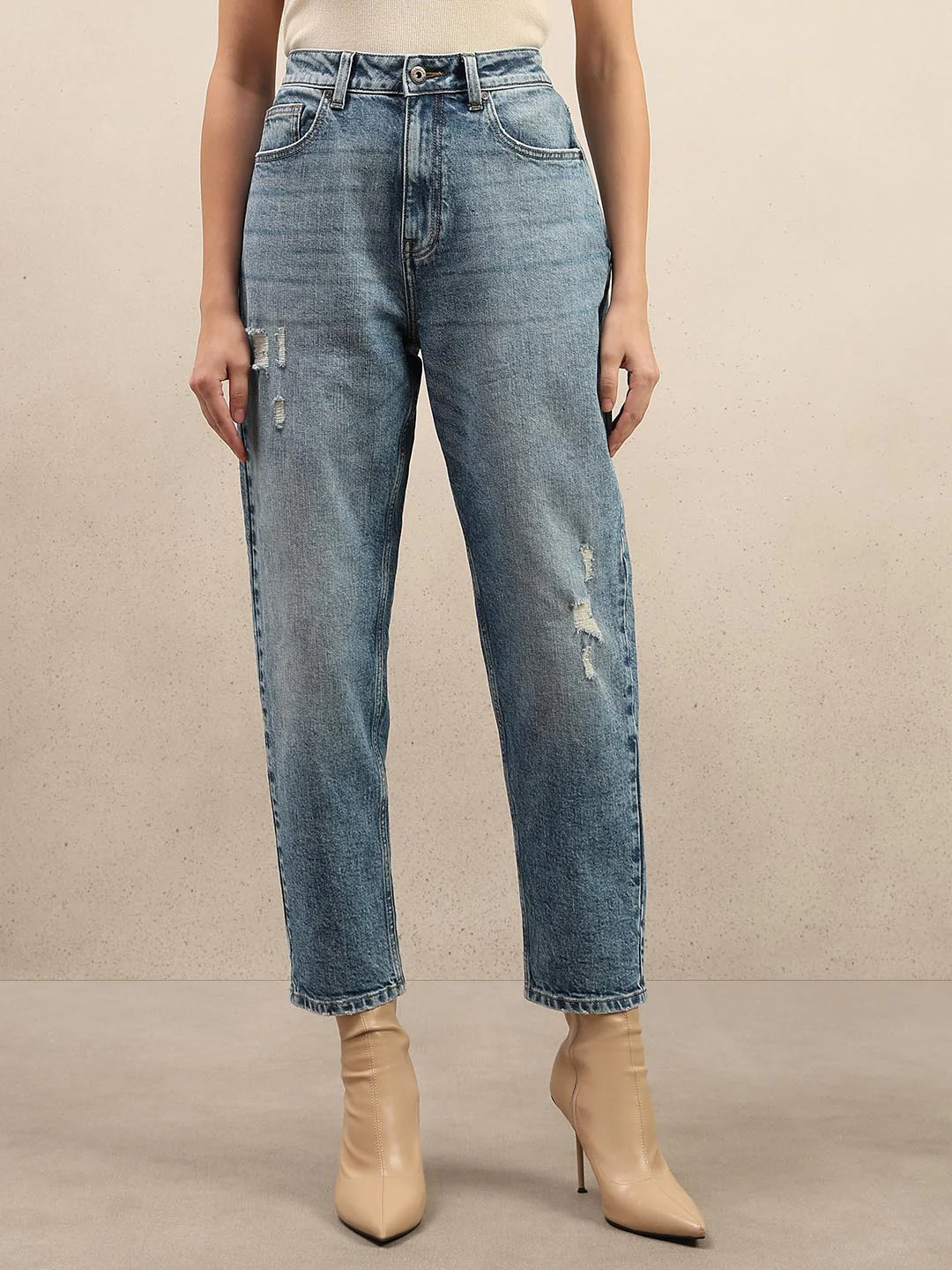 Blue Mid Rise Mom Fit Jeans - Image 2