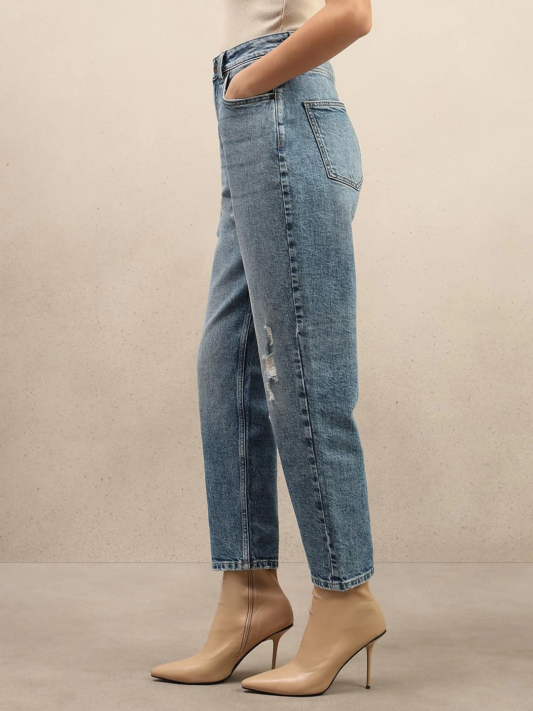 Blue Mid Rise Mom Fit Jeans - Image 3