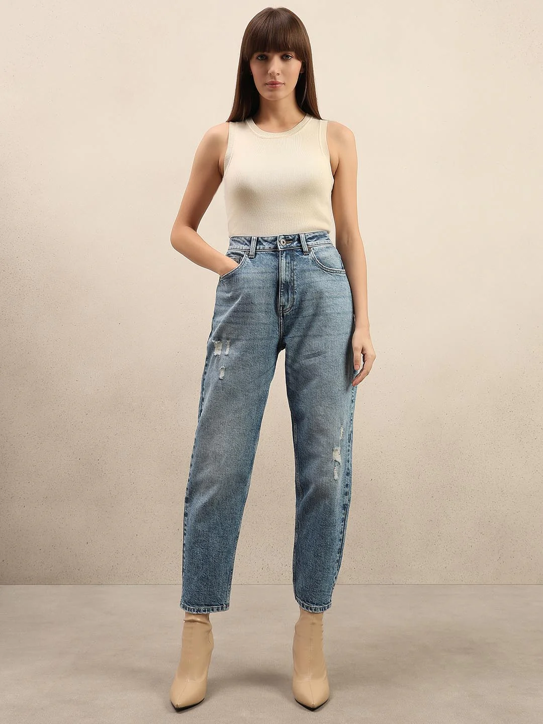 Blue Mid Rise Mom Fit Jeans - Image 5