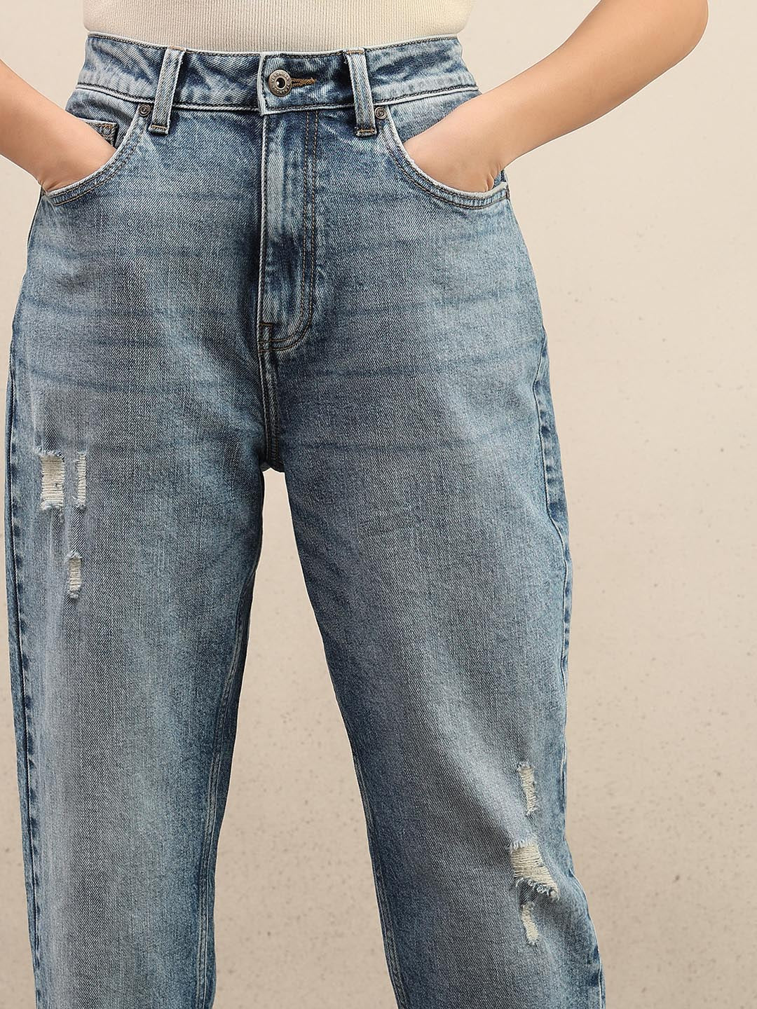 Blue Mid Rise Mom Fit Jeans - Image 6