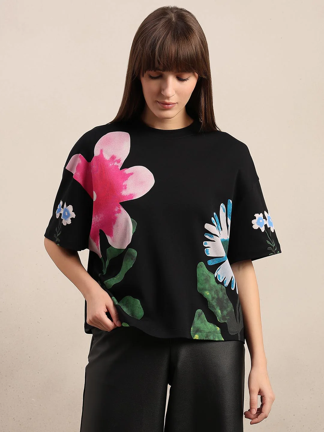 Black Floral Cotton T-shirt - Image 2