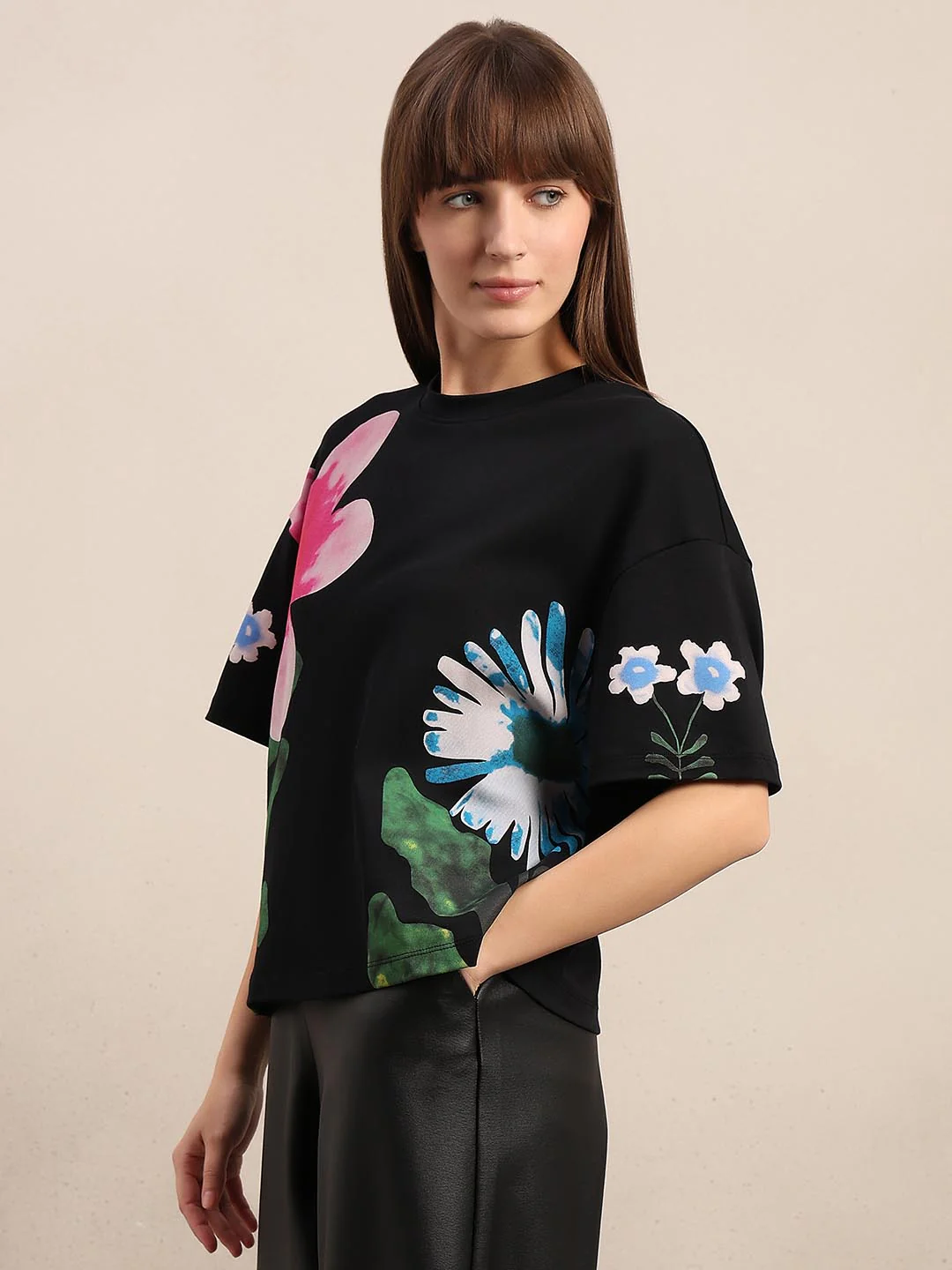 Black Floral Cotton T-shirt - Image 3