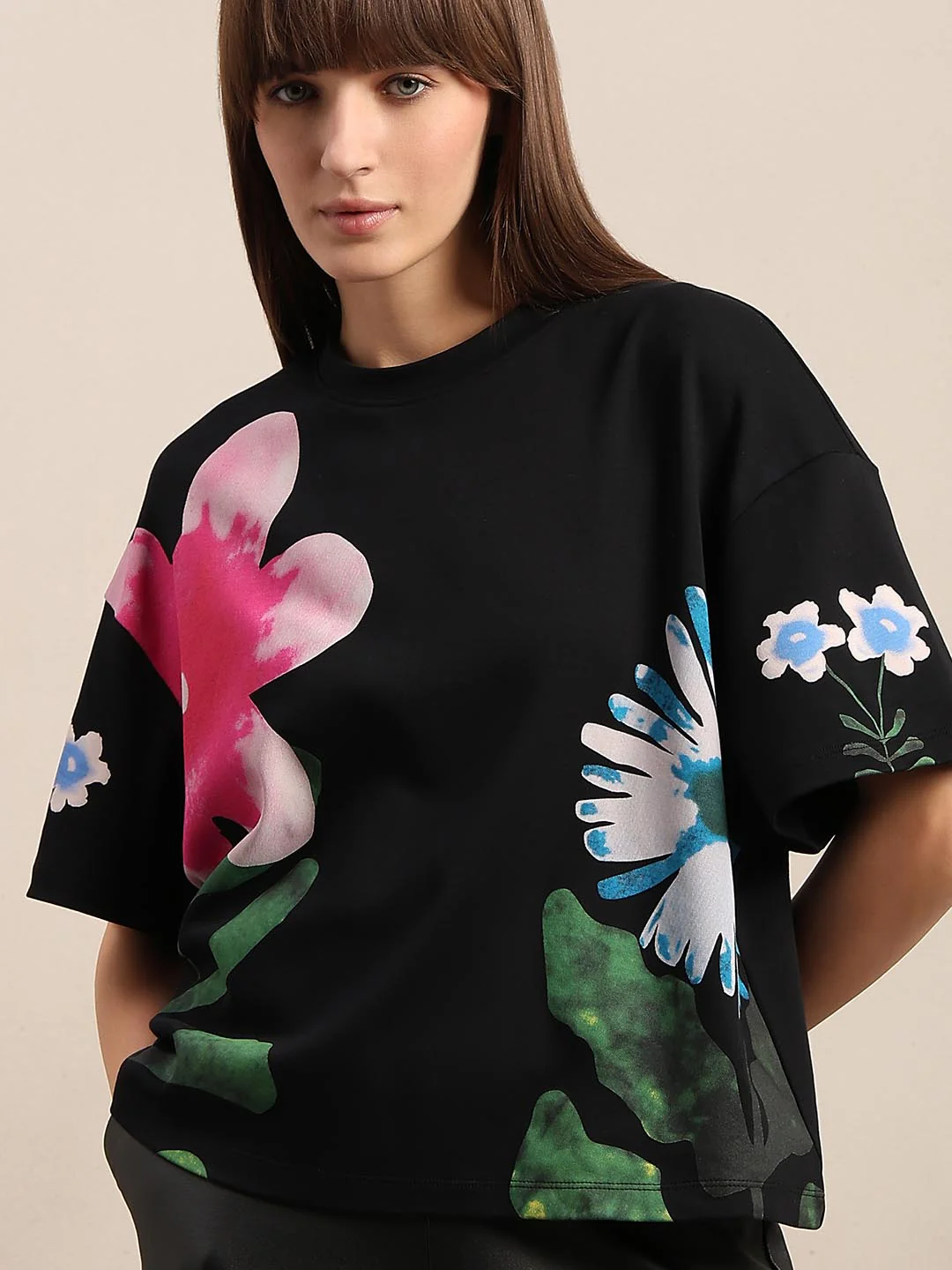 Black Floral Cotton T-shirt - Image 6