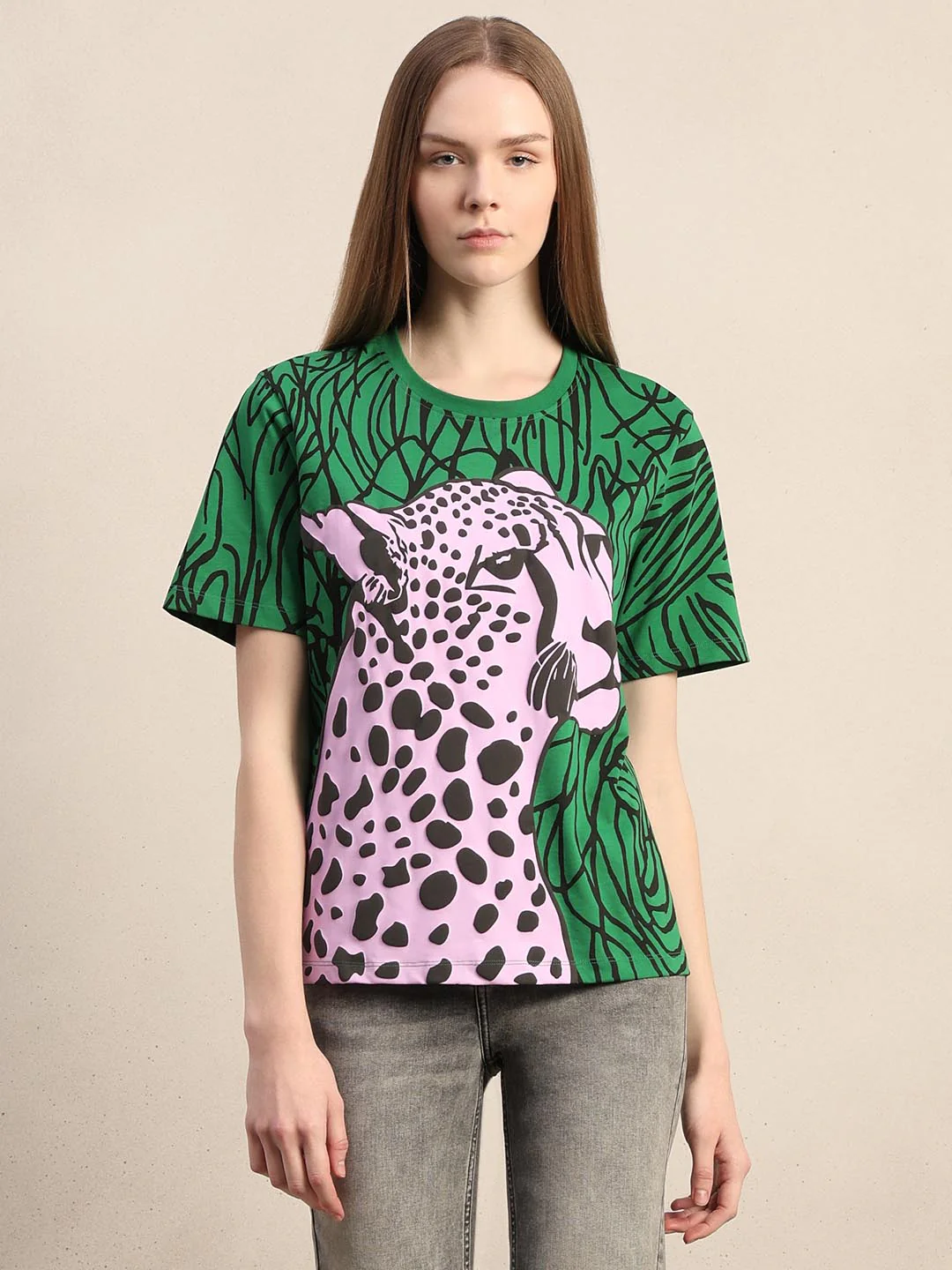 Green Animal Print Cotton T-shirt - Image 2