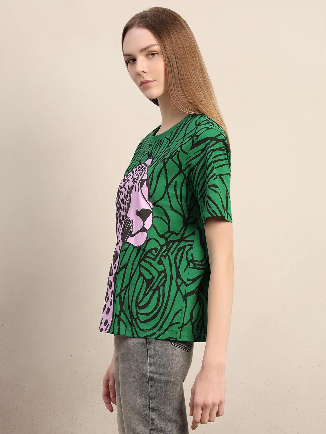 Green Animal Print Cotton T-shirt - Image 3