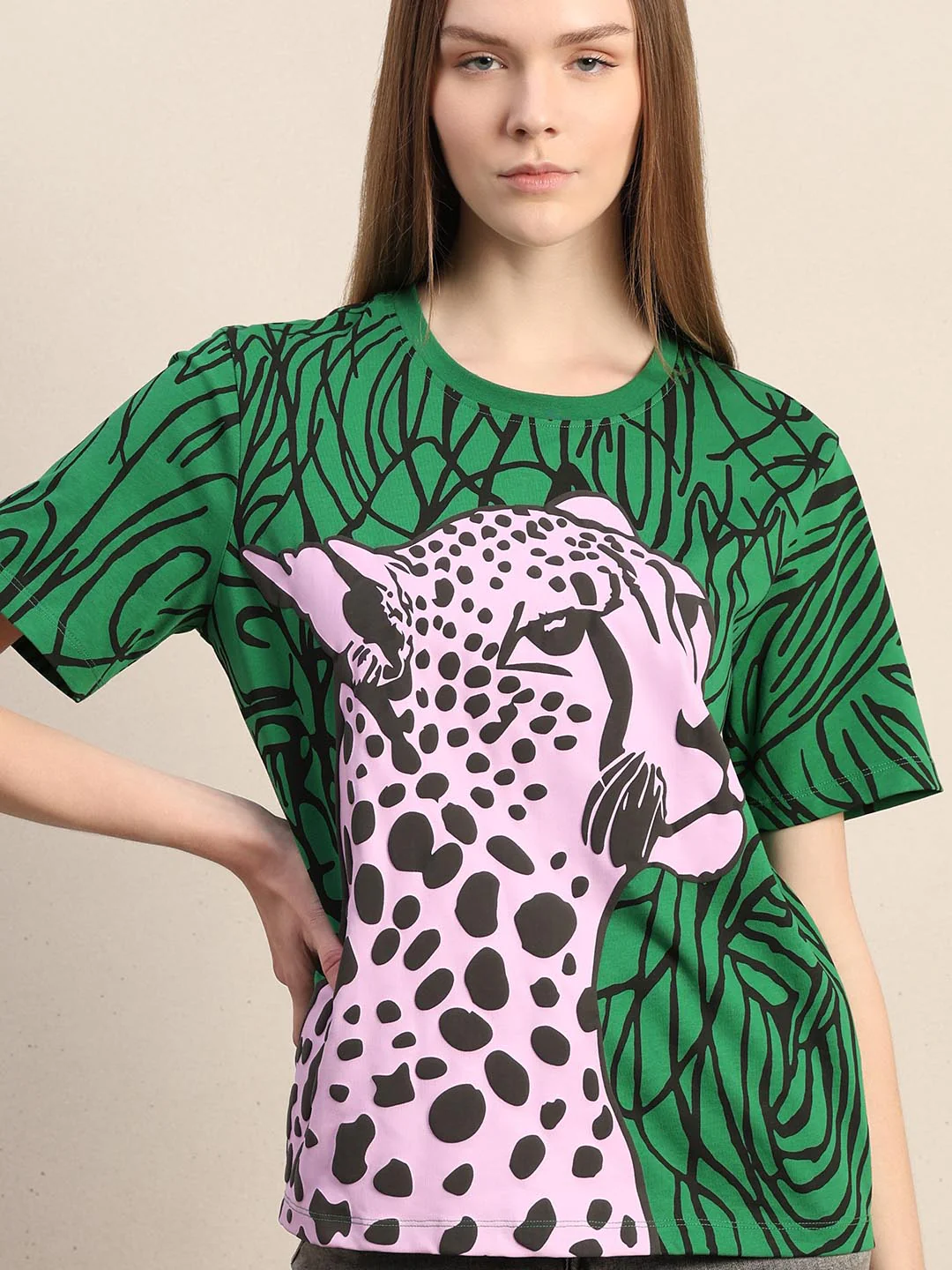 Green Animal Print Cotton T-shirt - Image 6