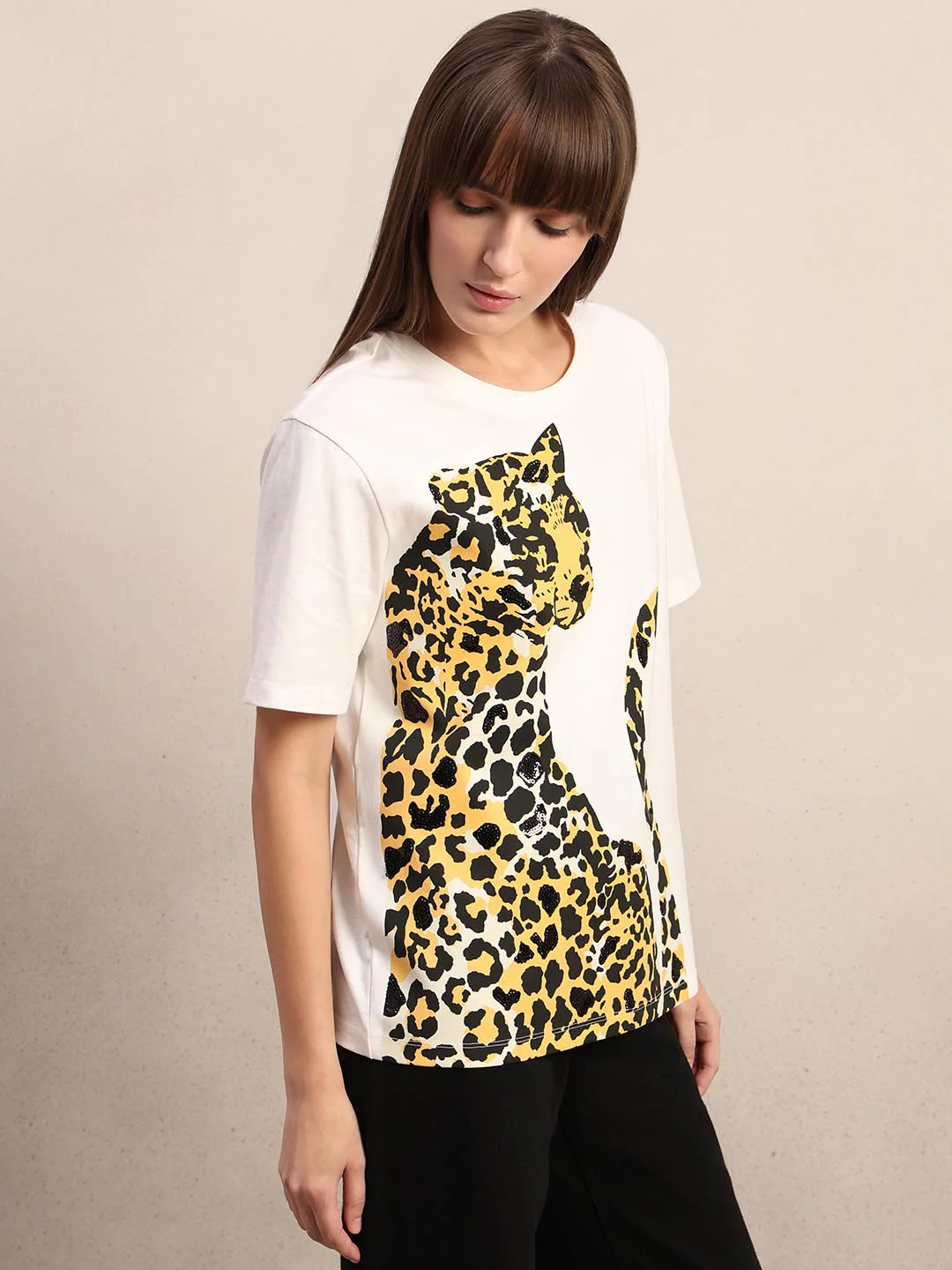 White Animal Print Cotton T-shirt - Image 3