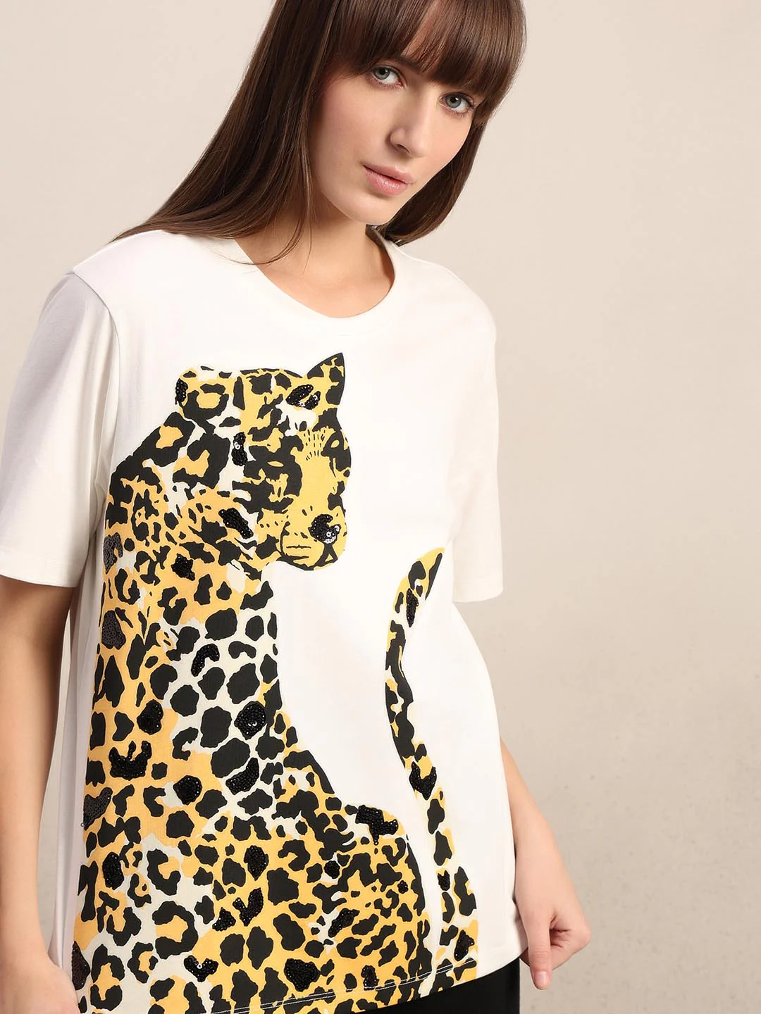 White Animal Print Cotton T-shirt - Image 6