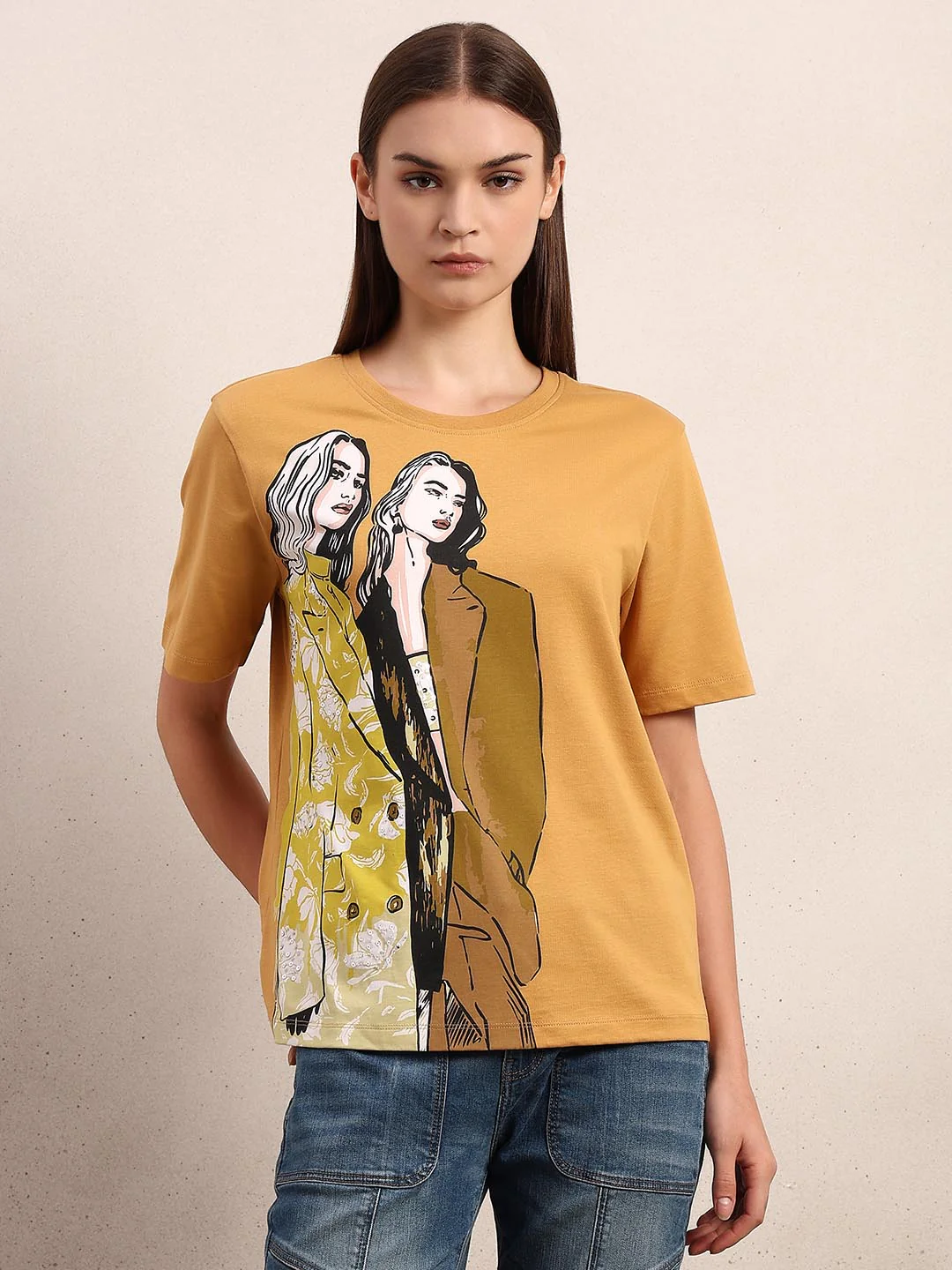 Mustard Printed Cotton T-shirt - Image 2