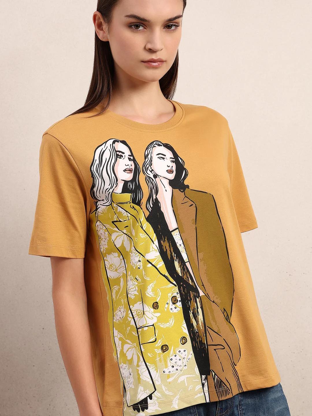 Mustard Printed Cotton T-shirt - Image 6