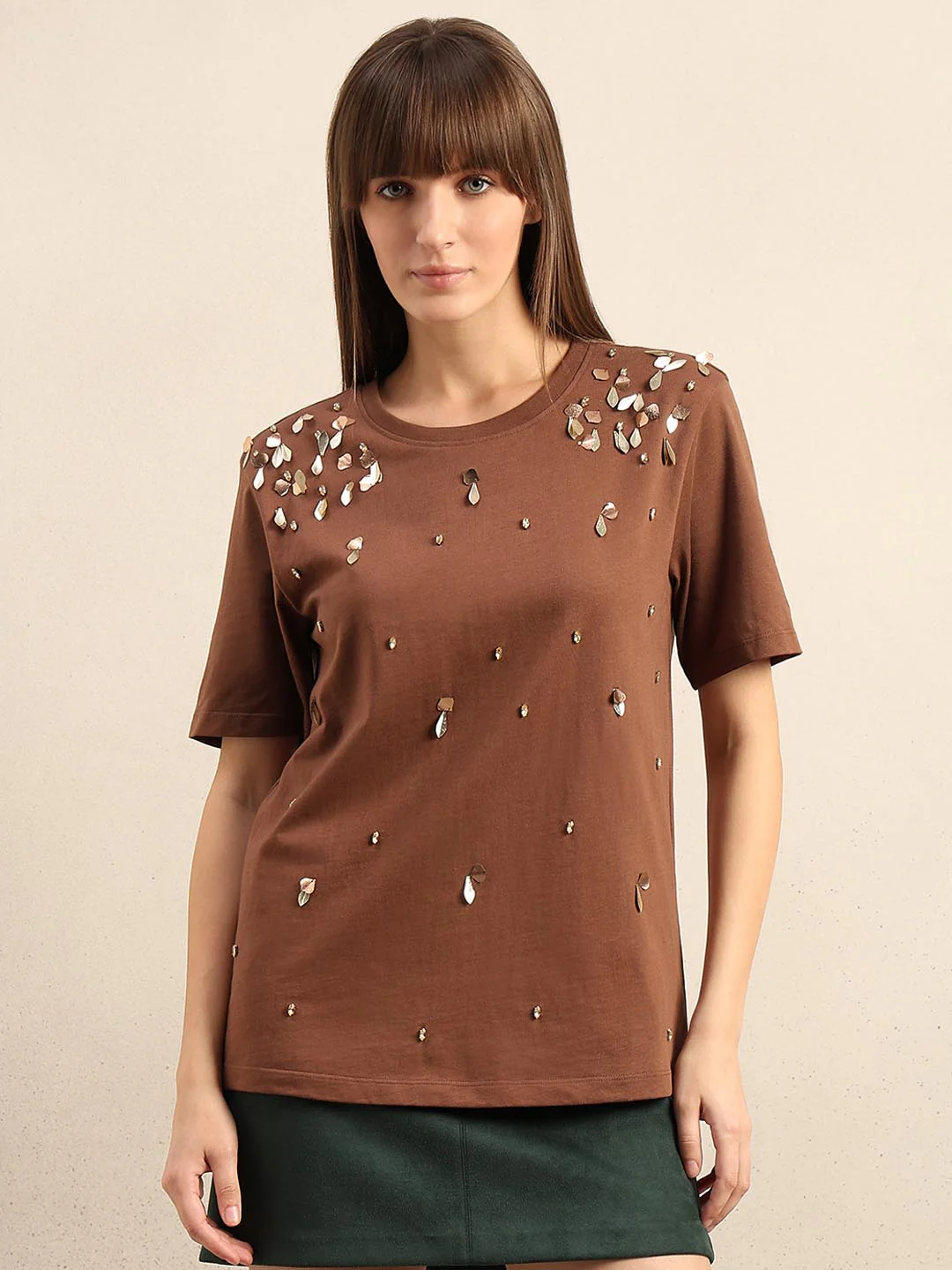 Brown Embellished Cotton T-shirt - Image 2