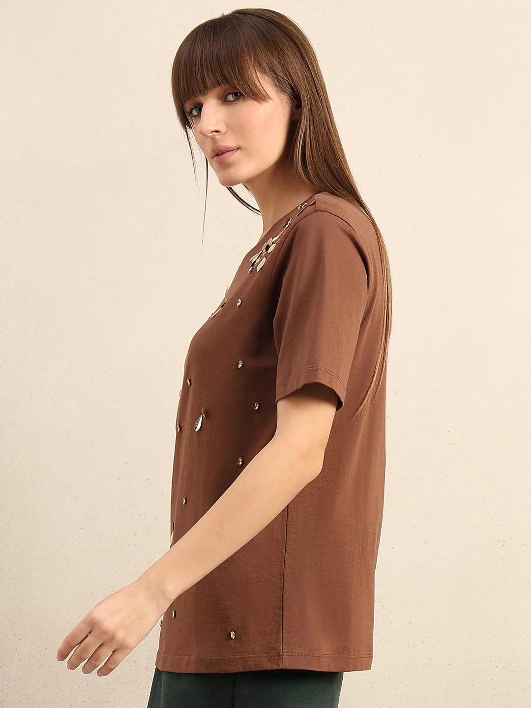 Brown Embellished Cotton T-shirt - Image 3